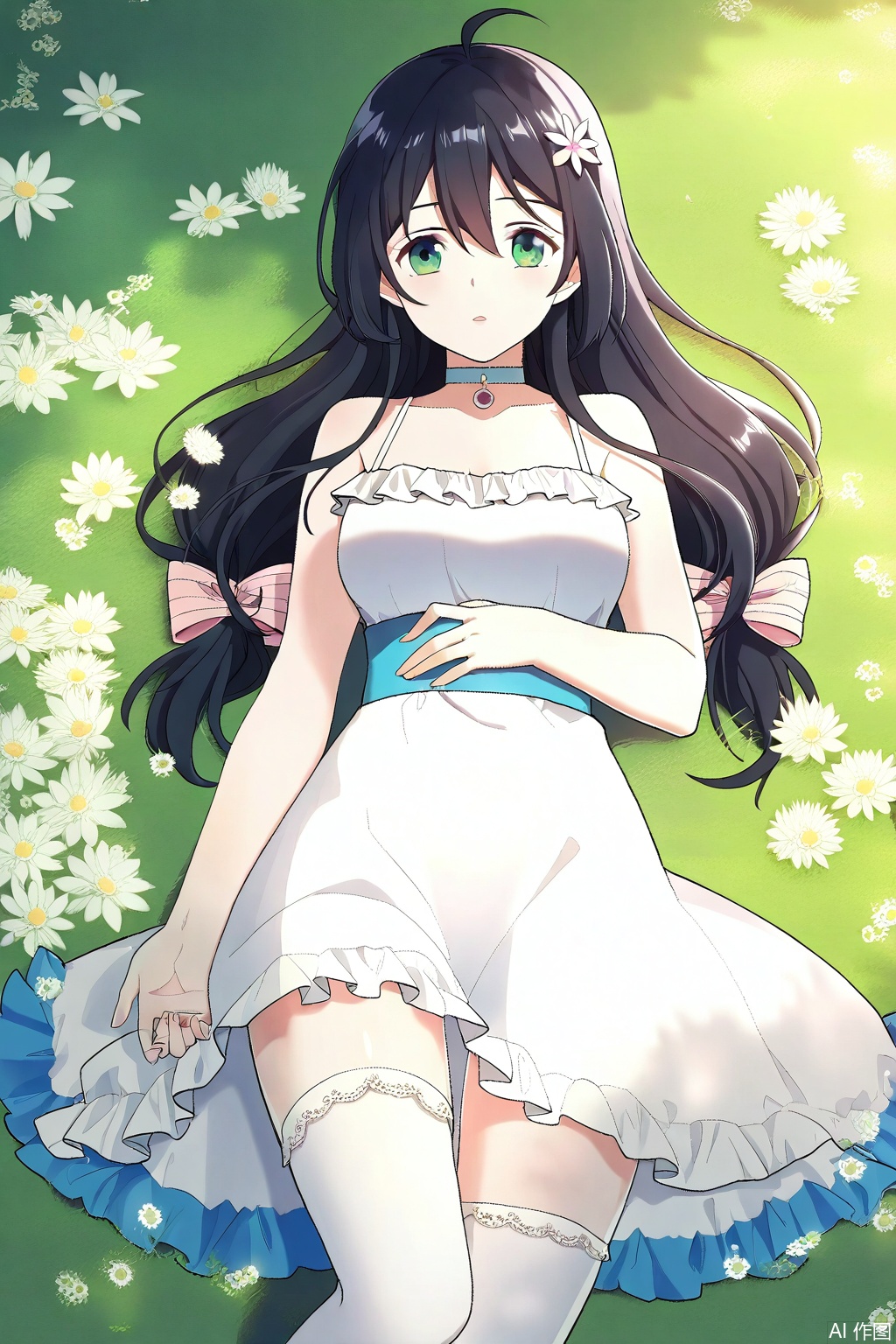 1girl, solo, long hair, black hair, hair ornament, dress, bow, green eyes, flower, ahoge, hair bow, choker, hair flower, white dress, masterpiece,best quality,official art,extremely detailed CG unity 8k wallpaper,in a meadow,in a meadow,,Thigh exposed,thighhighs,looking at viewer,