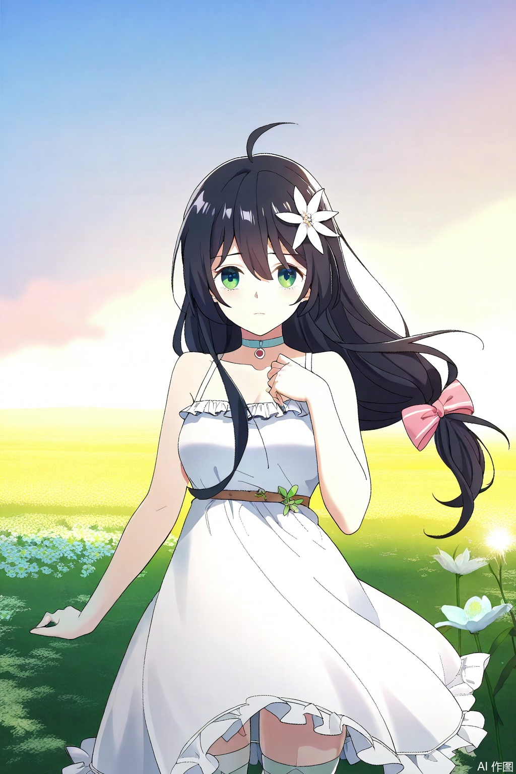 1girl, solo, long hair, black hair, hair ornament, dress, bow, green eyes, flower, ahoge, hair bow, choker, hair flower, white dress, masterpiece,best quality,official art,extremely detailed CG unity 8k wallpaper,in a meadow,in a meadow,,Thigh exposed,thighhighs,looking at viewer,