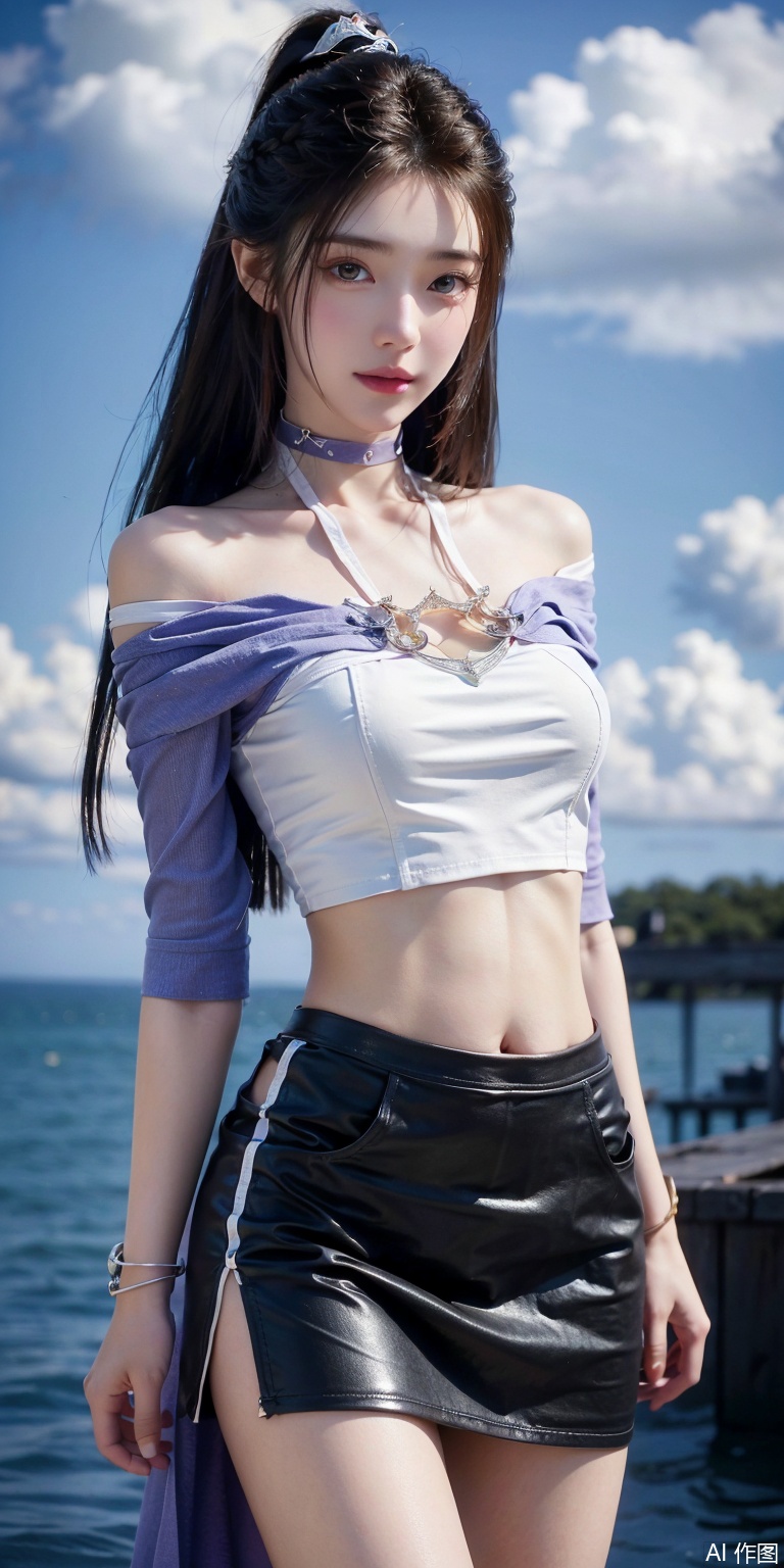 best quality, masterpiece, realistic,cowboy_shot,(Good structure), DSLR Quality,Depth of field,kind smile,looking_at_viewer,Dynamic pose, 
,Short skirt,Blue sky, white clouds, ocean, nai3, 1girl, solo, crop top, , choker, navel, shirt, midriff, crop top overhang, looking at viewer, white shirt, jewelry, breasts, bare shoulders, off-shoulder shirt, off shoulder, black choker, thighs, stomach, long hair, bracelet, short sleeves, ribbon, hand up, collarbone, hair ribbon, medium breasts, , , hair ornament, thigh gap, necklace, expressionless,