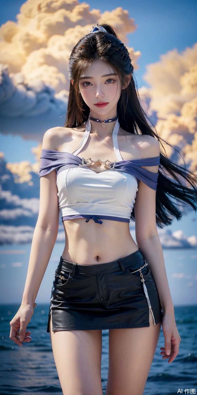 best quality, masterpiece, realistic,cowboy_shot,(Good structure), DSLR Quality,Depth of field,kind smile,looking_at_viewer,Dynamic pose, 
,Short skirt,Blue sky, white clouds, ocean, nai3, 1girl, solo, crop top, , choker, navel, shirt, midriff, crop top overhang, looking at viewer, white shirt, jewelry, breasts, bare shoulders, off-shoulder shirt, off shoulder, black choker, thighs, stomach, long hair, bracelet, short sleeves, ribbon, hand up, collarbone, hair ribbon, medium breasts, , , hair ornament, thigh gap, necklace, expressionless,