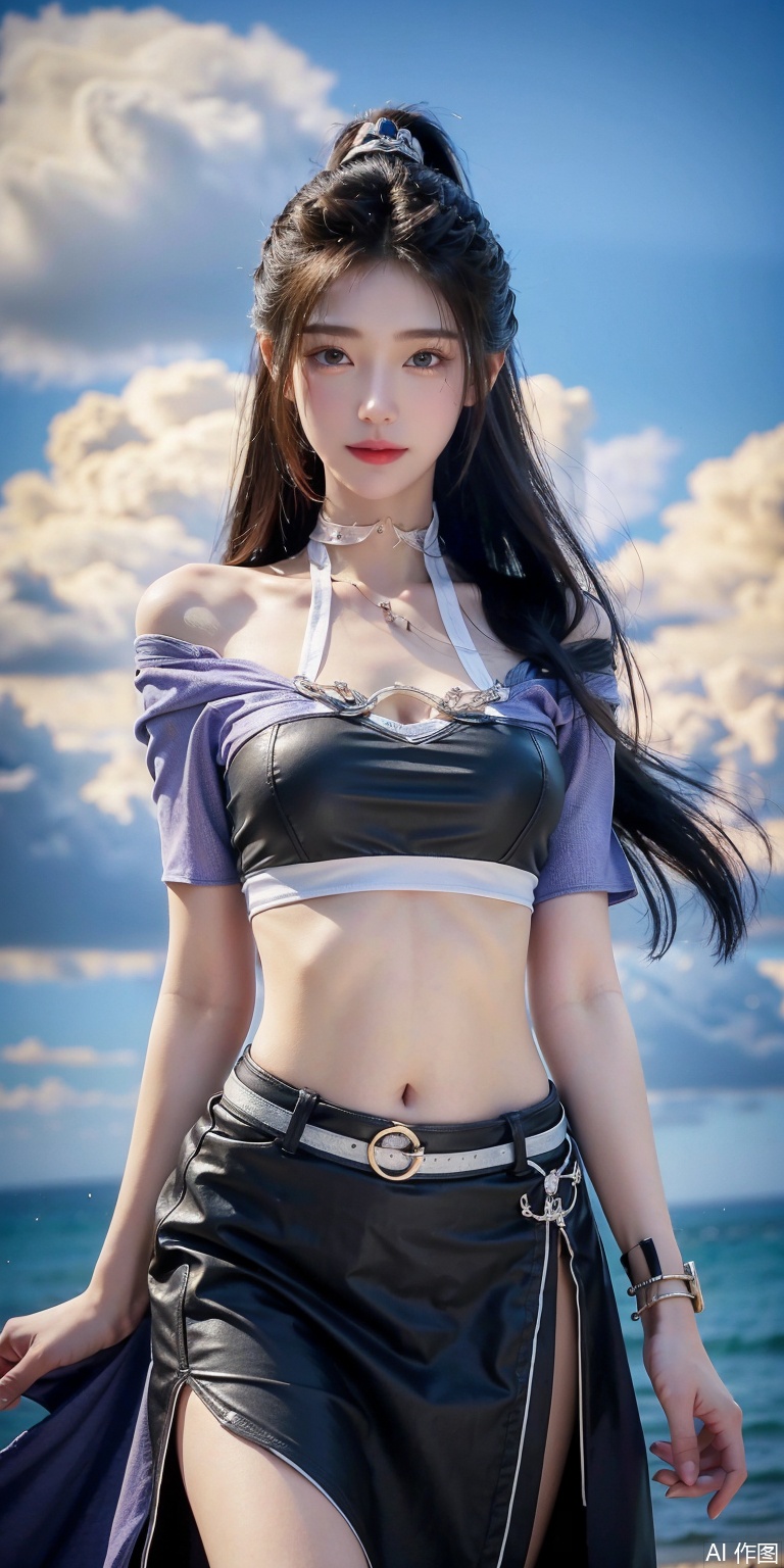best quality, masterpiece, realistic,cowboy_shot,(Good structure), DSLR Quality,Depth of field,kind smile,looking_at_viewer,Dynamic pose, 
,Short skirt,Blue sky, white clouds, ocean, nai3, 1girl, solo, crop top, , choker, navel, shirt, midriff, crop top overhang, looking at viewer, white shirt, jewelry, breasts, bare shoulders, off-shoulder shirt, off shoulder, black choker, thighs, stomach, long hair, bracelet, short sleeves, ribbon, hand up, collarbone, hair ribbon, medium breasts, , , hair ornament, thigh gap, necklace, expressionless,