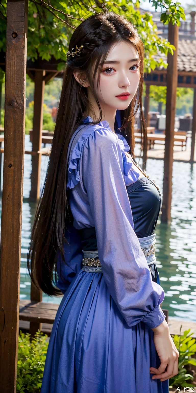 best quality, masterpiece, realistic,
1girl, solo, long hair, looking at viewer, brown hair, hair ornament, long sleeves, dress, upper body, outdoors, blue dress, 