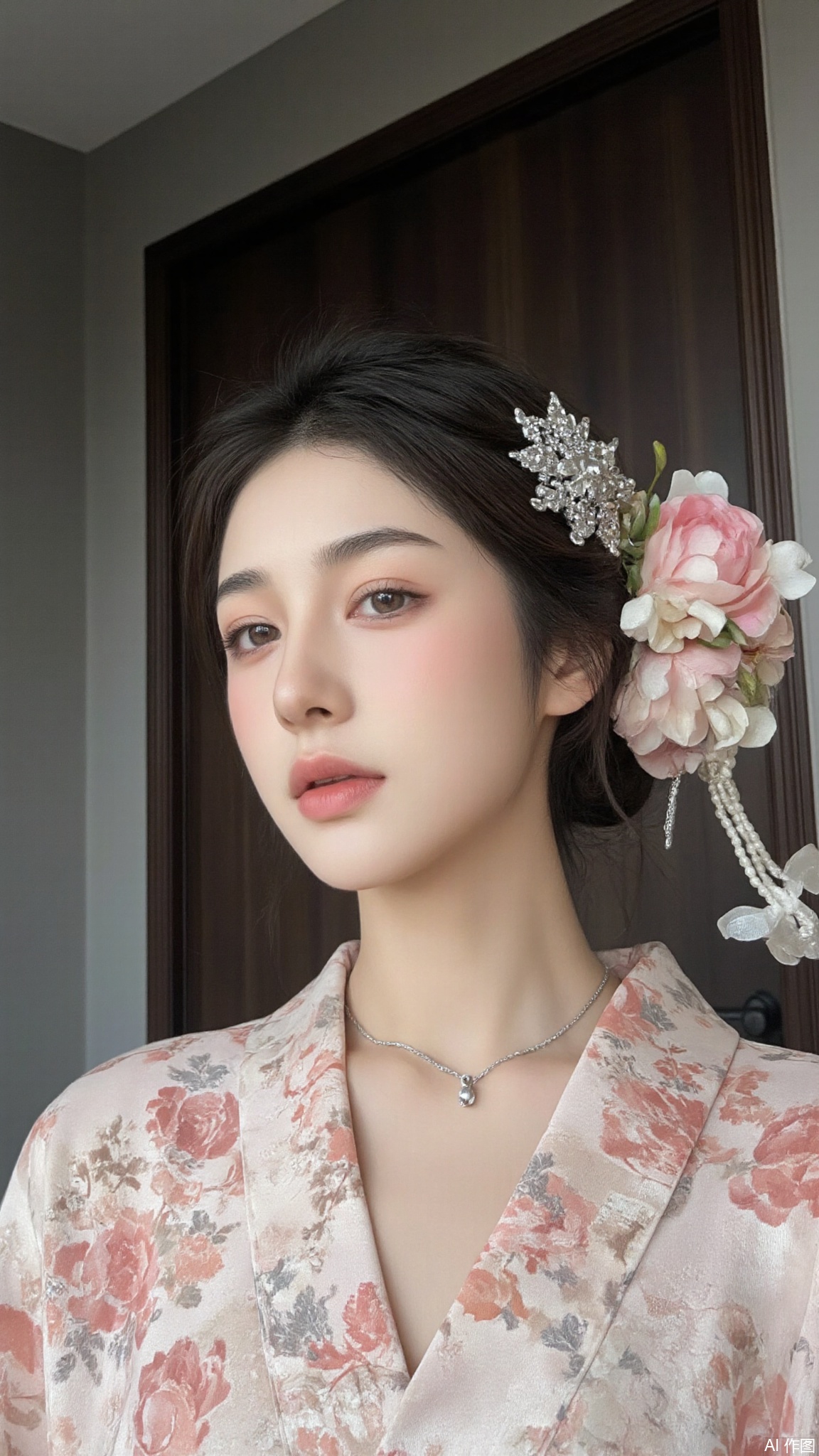 A young Asian woman with long black hair and fair skin, wearing a floral pink kimono. She has delicate features, full lips, and is adorned with a silver necklace and a large, ornate floral hairpiece featuring pink and white flowers with silver accents. The background is a modern, minimalist interior with grey walls and a dark wooden door. The lighting is soft, creating a gentle, warm ambiance. The composition is close-up, focusing on her face and upper body. The style is realistic, with a slight soft-focus effect, and the image is a high-resolution photograph.