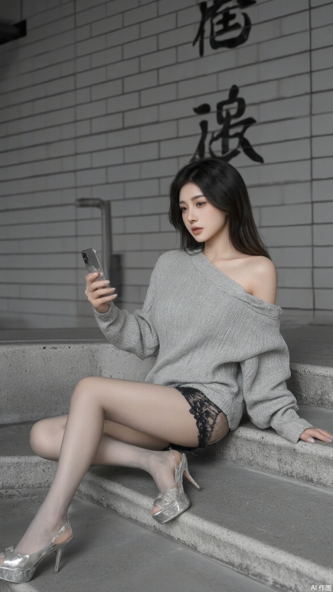 Photograph of a young Asian woman with long black hair, sitting on stone steps. She wears a grey oversized sweater, black lace panties, and grey fishnet stockings. Silver high-heeled shoes adorn her feet. Her makeup is subtle, emphasizing her natural beauty. She holds a smartphone in her right hand and rests her left hand on her knee. The background features a grey brick wall with Chinese characters in black. The setting suggests an urban environment, possibly a subway station. The lighting is natural, highlighting her smooth skin and delicate features. The composition is balanced, with the subject centered in the frame.