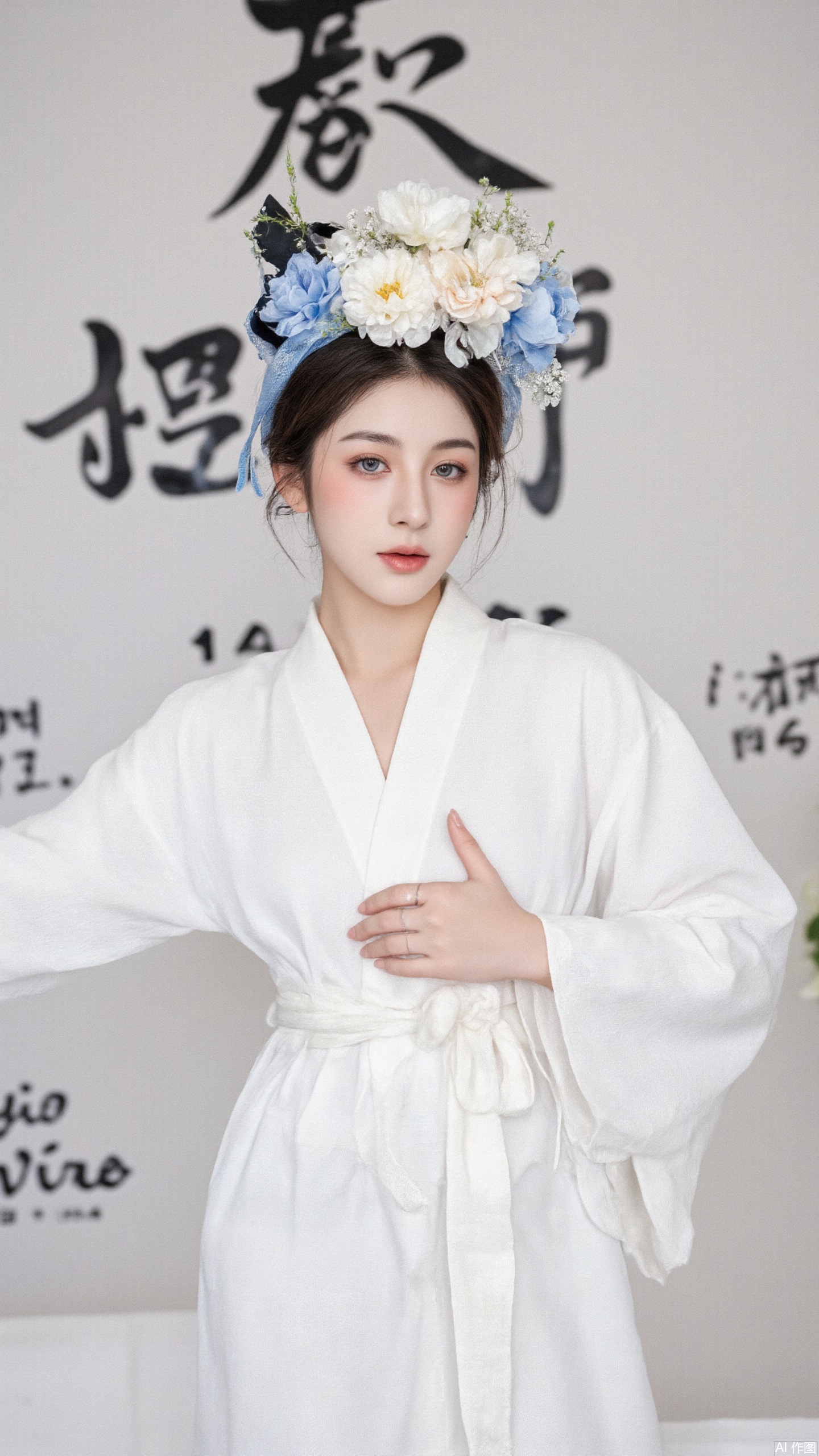 a young Asian woman dressed in a white kimono, adorned with a blue headband adorned with flowers. The woman's hair is dark brown, and her eyes are a piercing blue, while her hair is a darker shade of brown. She is wearing a silver ring on her left hand, adding a touch of contrast to her white robe. The backdrop is adorned with black writing, creating a striking contrast against the white backdrop.