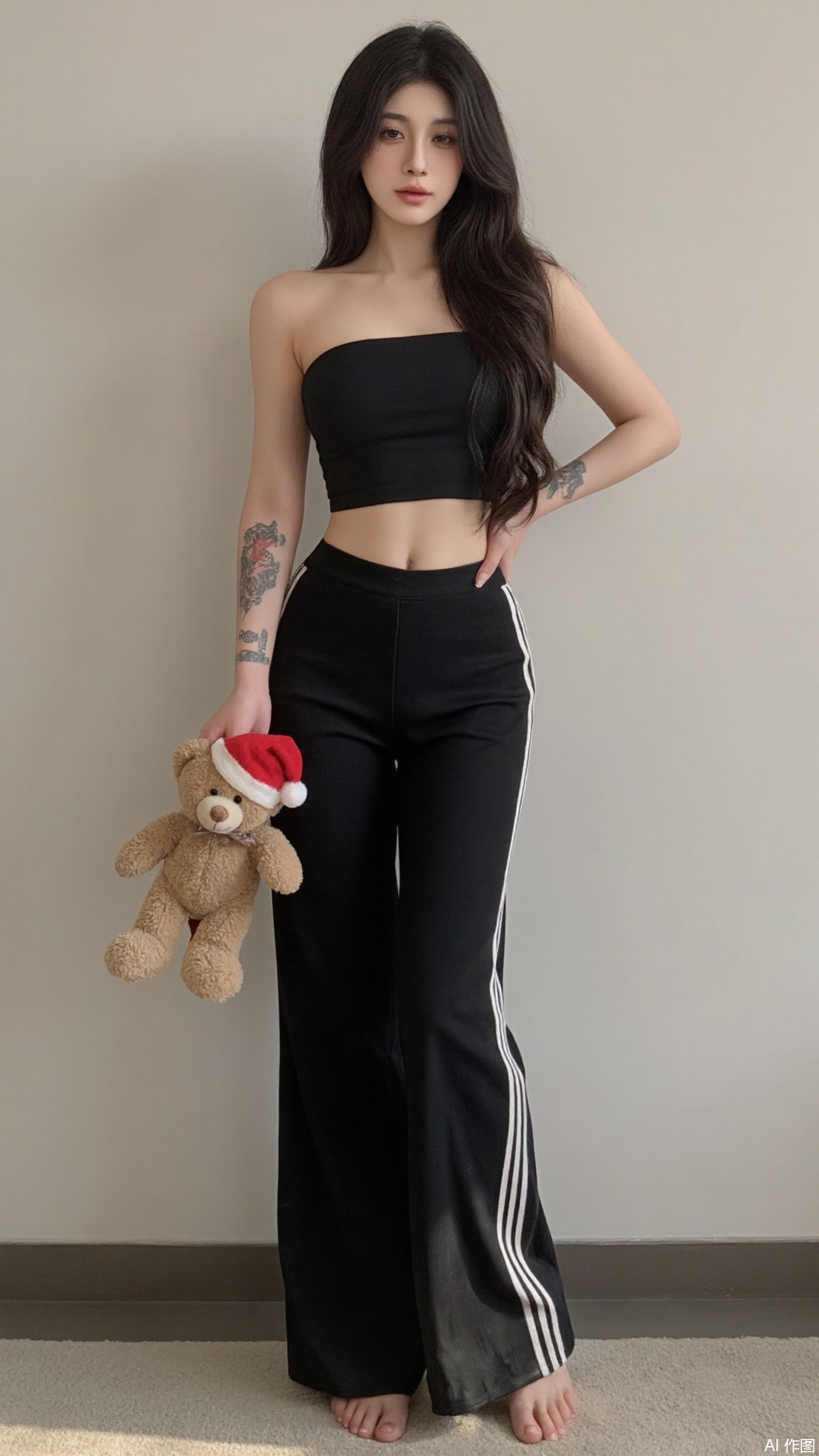 A woman with long black hair and a slender figure stands in a room, holding a teddy bear wearing a Santa hat. She has a tattoo sleeve on her left arm and wears a black strapless top and black pants with white stripes. The background is a plain, light-colored wall. The lighting is soft, casting gentle shadows. The composition is intimate, focusing on her expression and the teddy bear. The image has a casual, candid feel, typical of a personal photograph. The overall aesthetic is modern and minimalist. The woman appears to be in her late 20s or early 30s.