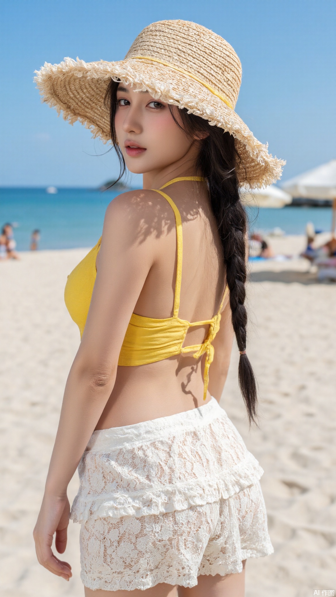 Photograph of an Asian woman with long, black hair in two braids, wearing a straw hat with a yellow ribbon, a yellow bikini top, and a white lace skirt. She stands on a sandy beach with clear blue skies and the ocean in the background. She has a slim physique and fair skin. The image is bright and colorful, with a casual, playful vibe. The woman is looking over her shoulder at the camera, with a confident expression. The beach setting includes beach umbrellas and a few people in the distance. The lighting is natural and bright.