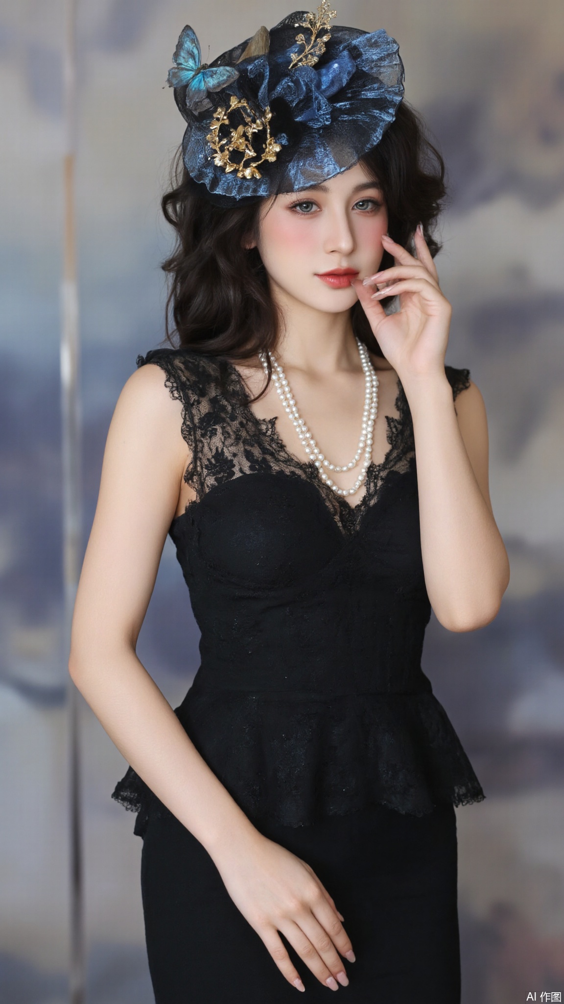 A woman with fair skin and long, curly black hair wears a vintage, ornate hat adorned with blue and black fabric, gold embellishments, and a blue butterfly. She has striking blue eyes, flushed cheeks, and red lipstick. Her attire includes a black lace dress with pearl necklaces. She is posing with one hand near her face, showcasing her long, manicured nails. The background is a soft, blurred mix of light and dark colors, creating an ethereal atmosphere. The image is a high-resolution photograph with a focus on glamour and vintage aesthetics.