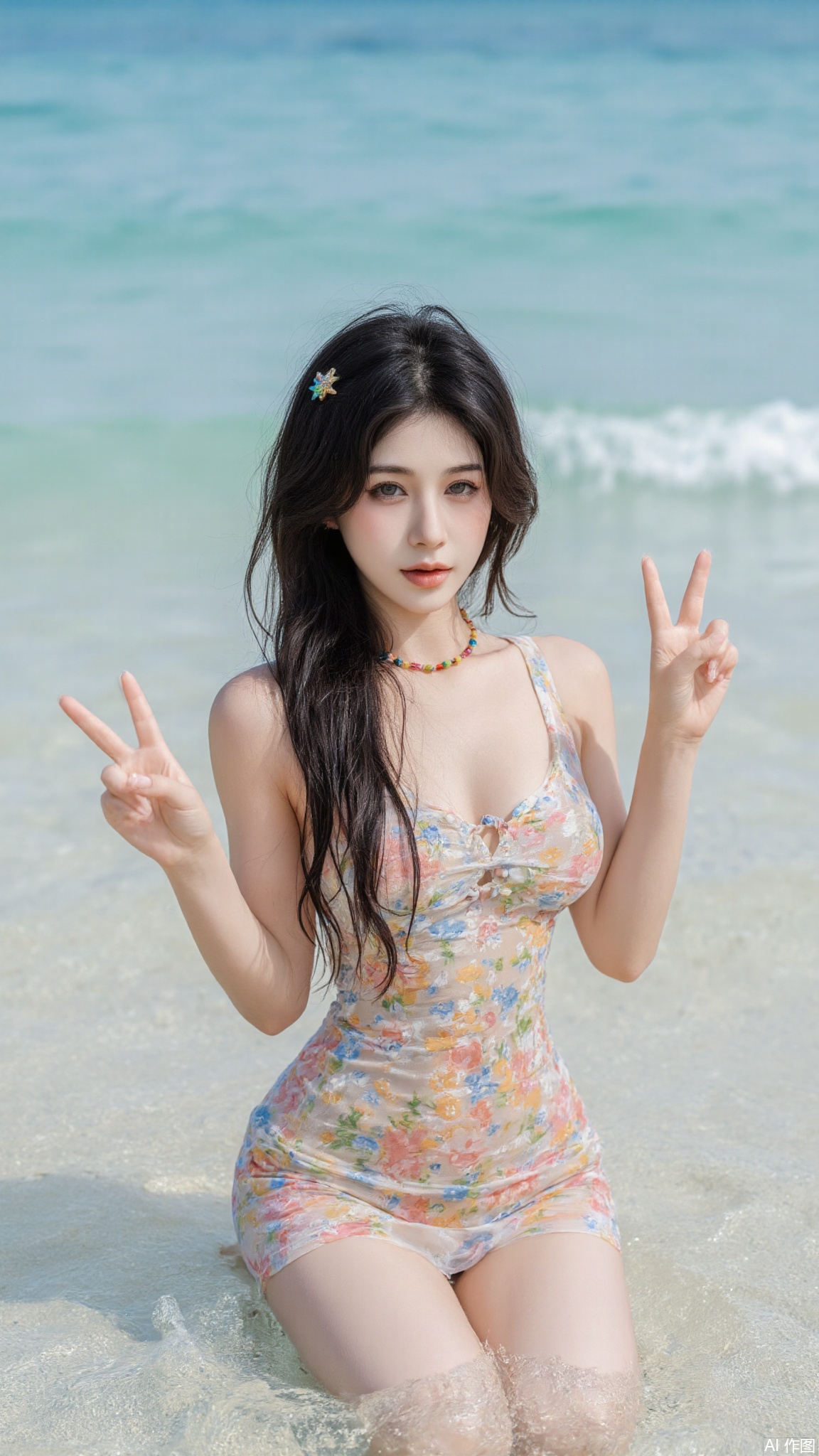 A young Asian woman with long,  wavy black hair and a cute star hairpin is kneeling in clear,  shallow water on Tensor.Art