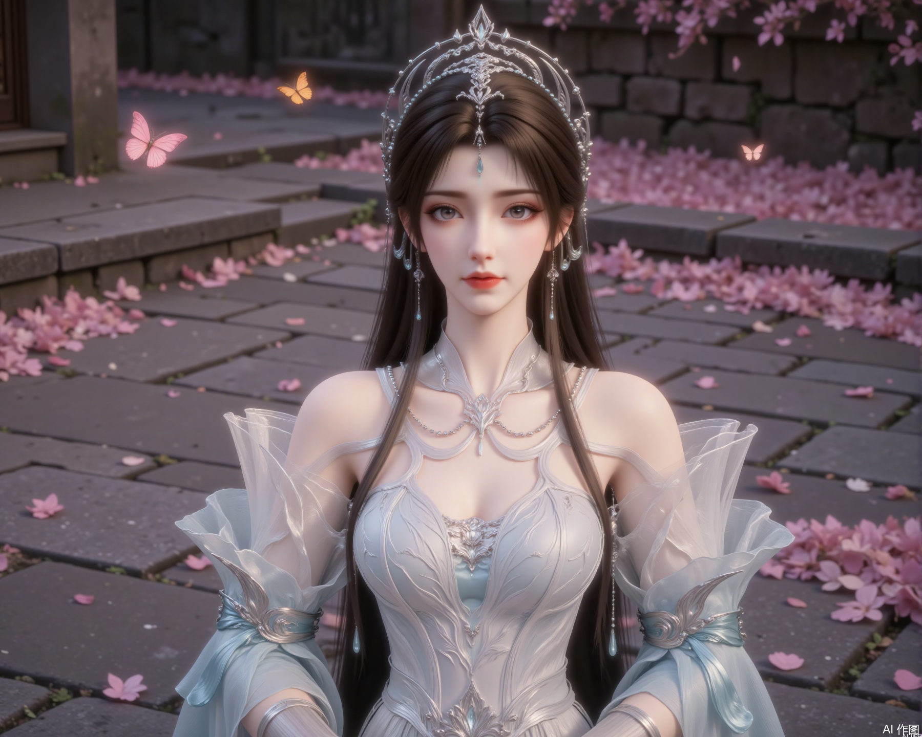 The image depicts a beautifully rendered character with long, flowing hair adorned with intricate silver and blue jewelry. The character is wearing an elegant, white gown with delicate floral patterns and sheer fabric details on the sleeves. The background features a stone pathway and pink petals scattered around, creating a serene and magical atmosphere. There are also two butterflies, one orange and one pink, adding a touch of whimsy to the scene. The overall aesthetic is highly detailed and fantasy-like, with a focus on the character's regal and ethereal appearance.