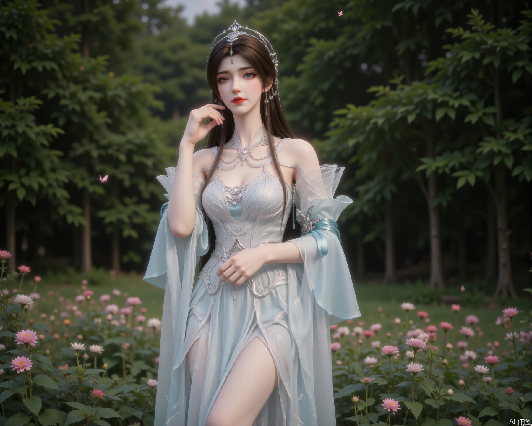 The image depicts a beautifully dressed figure standing amidst a garden filled with blooming flowers. The person is wearing an elegant, light blue gown adorned with intricate silver embroidery and delicate lace details. The gown features long, flowing sleeves that are also embellished with lace and small blue beads. The figure is accessorized with a matching headpiece that has a crown-like design, complete with a central gemstone. The background consists of lush green trees and a variety of colorful flowers, creating a serene and picturesque setting. The overall atmosphere is tranquil and ethereal, with the figure appearing to be in a state of grace and contemplation.
