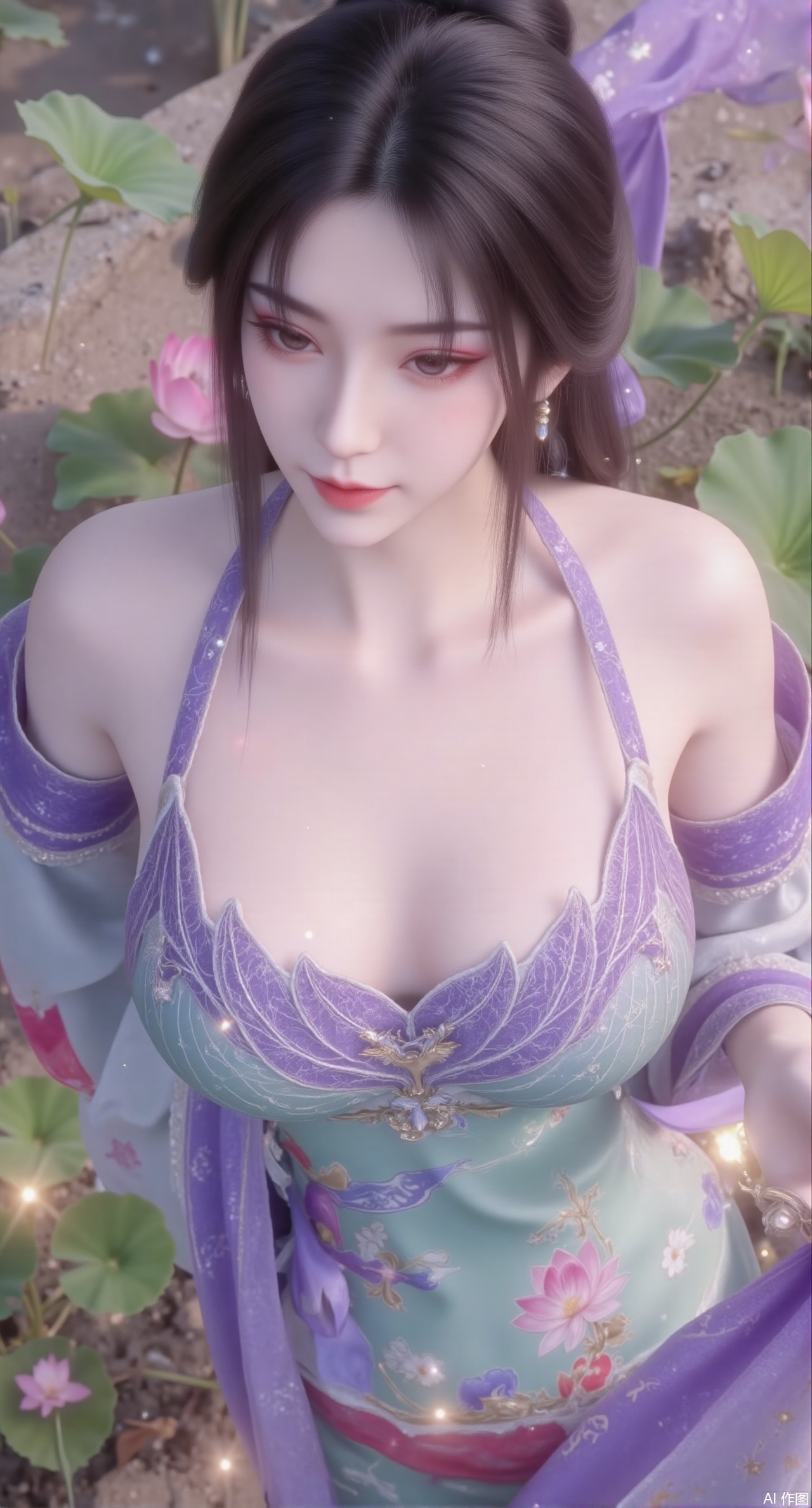 (masterpiece:1.2),best quality,1girl, colorful hanfu, bare_shoulders, wide_sleeves,light_particles, long_hair ,pink_butterfly, flowers, blue flowers,Upper body, star_\(sky\), ,(huge breasts:2.69)(Chinese traditional dragon and phoenix embroidered Hanfu:1.3), admiring the tranquil garden scenery. The lotus-patterned Hanfu, embellished with silver-thread embroidery, is softly illuminated by the morning light. The light mint green Hanfu imparts a sense of calm and freshness, adorned with delicate lotus patterns, with a blurred background to enhance the peaceful atmosphere,Xmupeiling,XsongyuYK,XqiyueFHK,XheguangzhefandiYK,XxiaobaiNZYK,XlimuwanJCBYK,XmeijiK,XzhouruK,XHhanfududou,XzhouruK2,XmeijiK2,XlinziyueK2