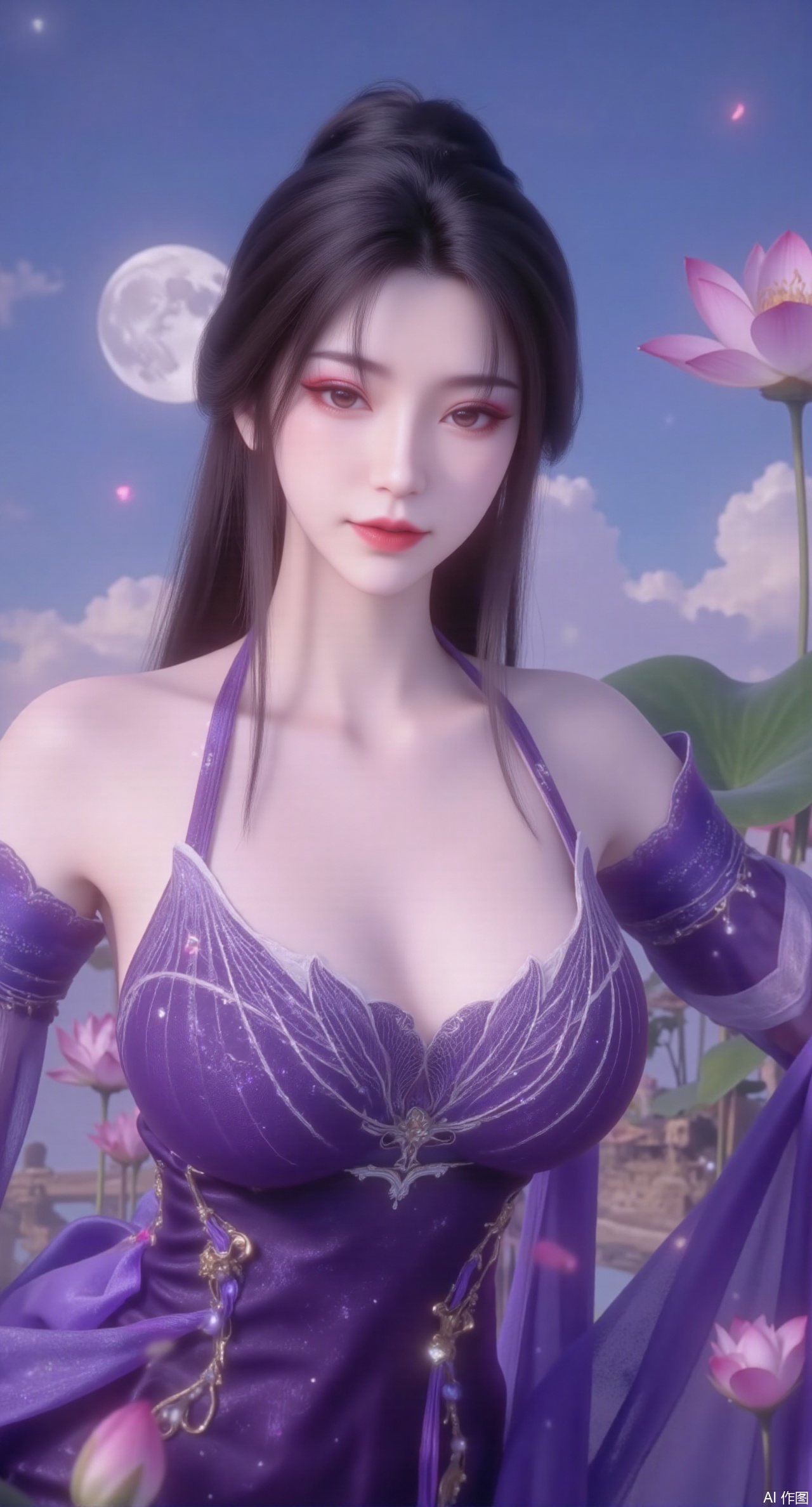 (masterpiece, best quality:1.2),1girl, navel, solo, midriff, bare shoulders, hair ornament,(long hair),(High double ponytail:1.49), red lips, BREAK, (looking at viewer:1.39), chinese clothes,(long dress:1.36), (lace:1.28), BREAK,blurry, solo focus, long hair, lips, daytime, lipstick, outdoors, standing,upper body,(huge breasts:2.99), (full breasts:2.99),background, solo, makeup,Xyunxiao,(Lotus,Water Lily,Blue sky,full moon:1.39),(Lotus pond,ancient Chinese architecture:1.39),Xmupeiling,XsongyuYK,XqiyueFHK,XheguangzhefandiYK,XxiaobaiNZYK,XlimuwanJCBYK,XmeijiK,XzhouruK,XHhanfududou,XzhouruK2,XmeijiK2,XlinziyueK2