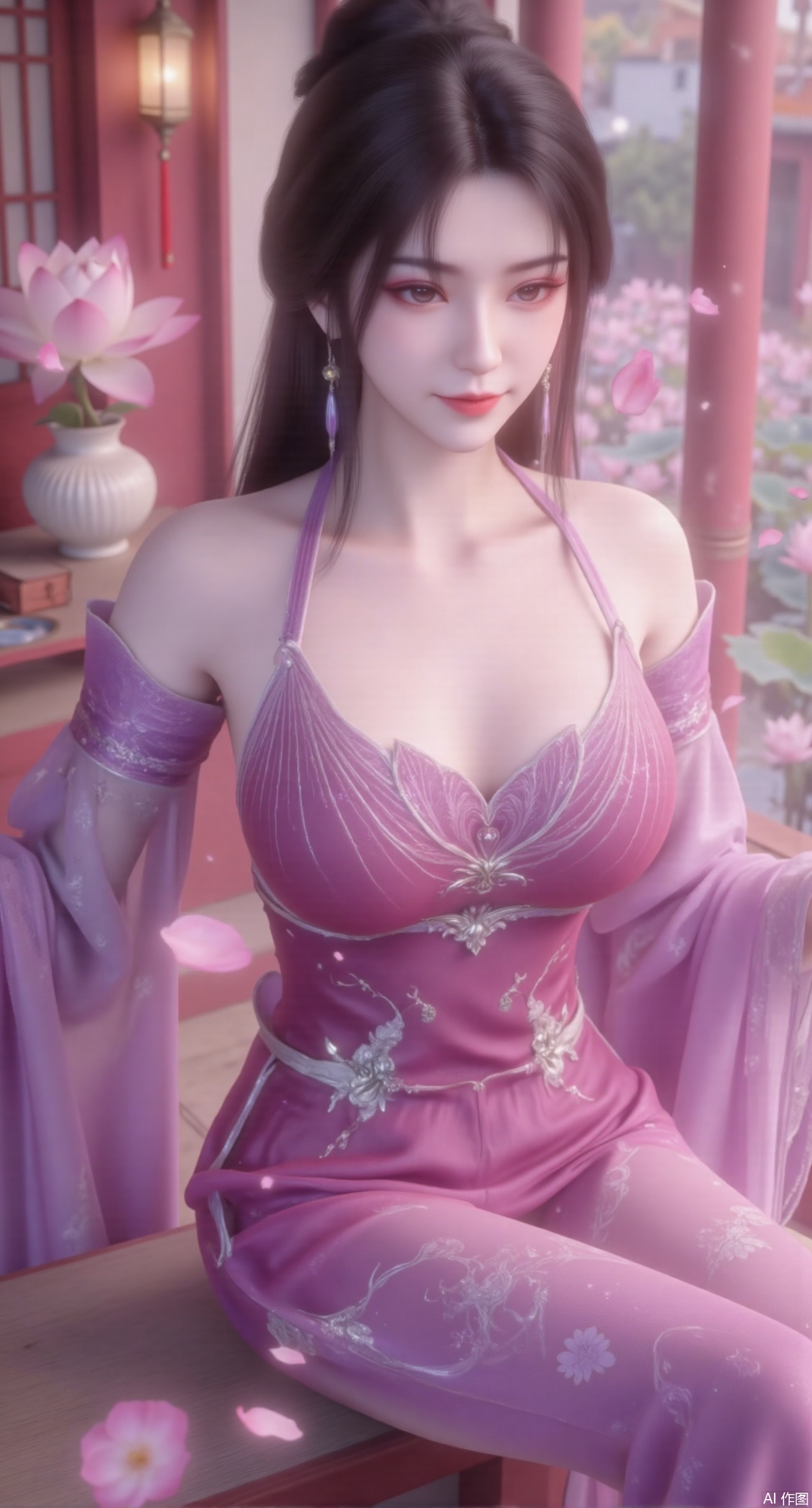 (masterpiece:1.2),best quality, (1girl:1.1), (dress:1.39), on Stomach,aqua_earrings,Lights, lanterns, chang,(big breasts:2.56),hanfu, Best quality, Realistic, photorealistic, masterpiece, extremely detailed CG unity 8k wallpaper, best illumination, best shadow, huge filesize ,(huge breasts:2.69) incredibly absurdres, absurdres, looking at viewer, transparent, smog, gauze, vase, petals, room, ancient Chinese style, detailed background, wide shot background, (((black hair))),(Sitting on the lotus pond porch:1.49) ,(A pond full of pink lotus flowers:1.5),close up of 1girl,Hairpins,hair ornament,hair wings,slim,narrow waist,perfect eyes,beautiful perfect face,pleasant smile,perfect female figure,detailed skin,charming,alluring,seductive,erotic,enchanting,delicate pattern,detailed complex and rich exquisite clothing detail,delicate intricate fabrics,Morning Serenade In the gentle morning glow, (a woman in a pink lotus-patterned Hanfu stands in an indoor courtyard:1.36),(Chinese traditional dragon and phoenix embroidered Hanfu:1.3), admiring the tranquil garden scenery. The lotus-patterned Hanfu, embellished with silver-thread embroidery, is softly illuminated by the morning light. The light mint green Hanfu imparts a sense of calm and freshness, adorned with delicate lotus patterns, with a blurred background to enhance the peaceful atmosphere,Xmupeiling,XsongyuYK,XqiyueFHK,XheguangzhefandiYK,XxiaobaiNZYK,XlimuwanJCBYK,XmeijiK,XzhouruK,XHhanfududou,XzhouruK2,XmeijiK2,XlinziyueK2