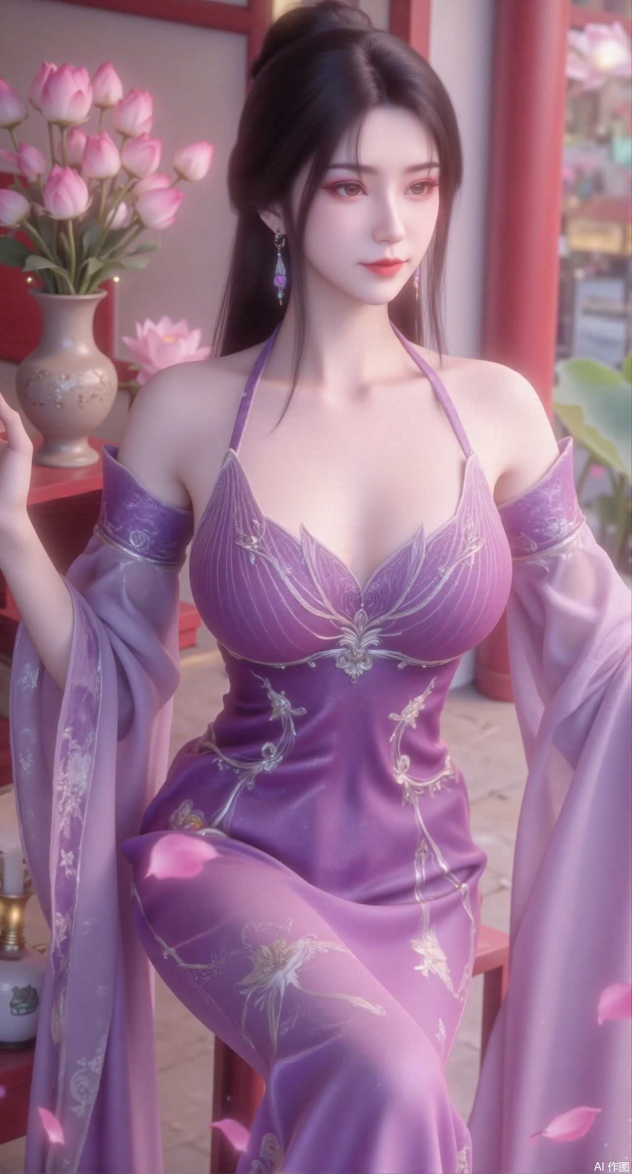 (masterpiece:1.2),best quality, (1girl:1.1), (dress:1.39), on Stomach,aqua_earrings,Lights, lanterns, chang,(big breasts:2.56),hanfu, Best quality, Realistic, photorealistic, masterpiece, extremely detailed CG unity 8k wallpaper, best illumination, best shadow, huge filesize ,(huge breasts:2.69) incredibly absurdres, absurdres, looking at viewer, transparent, smog, gauze, vase, petals, room, ancient Chinese style, detailed background, wide shot background, (((black hair))),(Sitting on the lotus pond porch:1.49) ,(A pond full of pink lotus flowers:1.5),close up of 1girl,Hairpins,hair ornament,hair wings,slim,narrow waist,perfect eyes,beautiful perfect face,pleasant smile,perfect female figure,detailed skin,charming,alluring,seductive,erotic,enchanting,delicate pattern,detailed complex and rich exquisite clothing detail,delicate intricate fabrics,Morning Serenade In the gentle morning glow, (a woman in a pink lotus-patterned Hanfu stands in an indoor courtyard:1.36),(Chinese traditional dragon and phoenix embroidered Hanfu:1.3), admiring the tranquil garden scenery. The lotus-patterned Hanfu, embellished with silver-thread embroidery, is softly illuminated by the morning light. The light mint green Hanfu imparts a sense of calm and freshness, adorned with delicate lotus patterns, with a blurred background to enhance the peaceful atmosphere,Xmupeiling,XsongyuYK,XqiyueFHK,XheguangzhefandiYK,XxiaobaiNZYK,XlimuwanJCBYK,XmeijiK,XzhouruK,XHhanfududou,XzhouruK2,XmeijiK2,XlinziyueK2