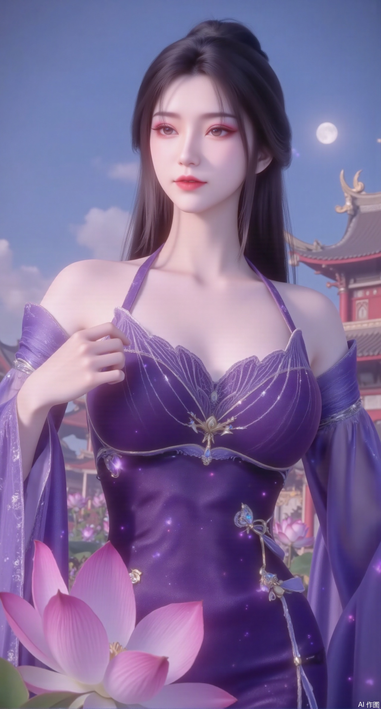 (masterpiece, best quality:1.2),1girl, navel, solo, midriff, bare shoulders, hair ornament,(long hair),(High double ponytail:1.49), red lips, BREAK, (looking at viewer:1.39), chinese clothes,(long dress:1.36), (lace:1.28), BREAK,blurry, solo focus, long hair, lips, daytime, lipstick, outdoors, standing,upper body,(huge breasts:2.99), (full breasts:2.99),background, solo, makeup,Xyunxiao,(Lotus,Water Lily,Blue sky,full moon:1.39),(Lotus pond,ancient Chinese architecture:1.39),Xmupeiling,XsongyuYK,XqiyueFHK,XheguangzhefandiYK,XxiaobaiNZYK,XlimuwanJCBYK,XmeijiK,XzhouruK,XHhanfududou,XzhouruK2,XmeijiK2,XlinziyueK2