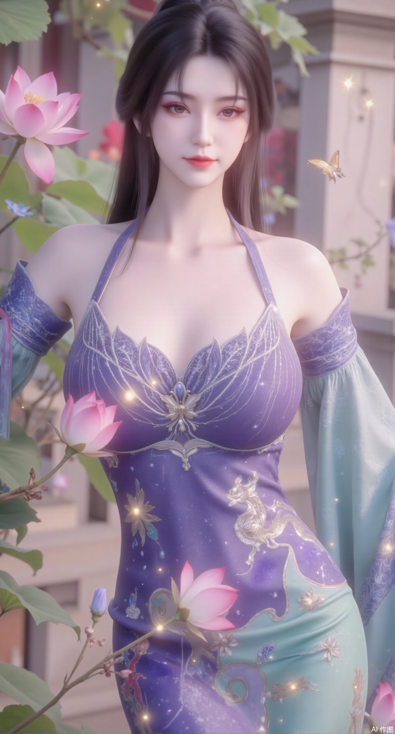 (masterpiece:1.2),best quality,1girl, colorful hanfu, bare_shoulders, wide_sleeves,light_particles, long_hair ,pink_butterfly, flowers, blue flowers,Upper body, star_\(sky\), ,(huge breasts:2.69)(Chinese traditional dragon and phoenix embroidered Hanfu:1.3), admiring the tranquil garden scenery. The lotus-patterned Hanfu, embellished with silver-thread embroidery, is softly illuminated by the morning light. The light mint green Hanfu imparts a sense of calm and freshness, adorned with delicate lotus patterns, with a blurred background to enhance the peaceful atmosphere,Xmupeiling,XsongyuYK,XqiyueFHK,XheguangzhefandiYK,XxiaobaiNZYK,XlimuwanJCBYK,XmeijiK,XzhouruK,XHhanfududou,XzhouruK2,XmeijiK2,XlinziyueK2