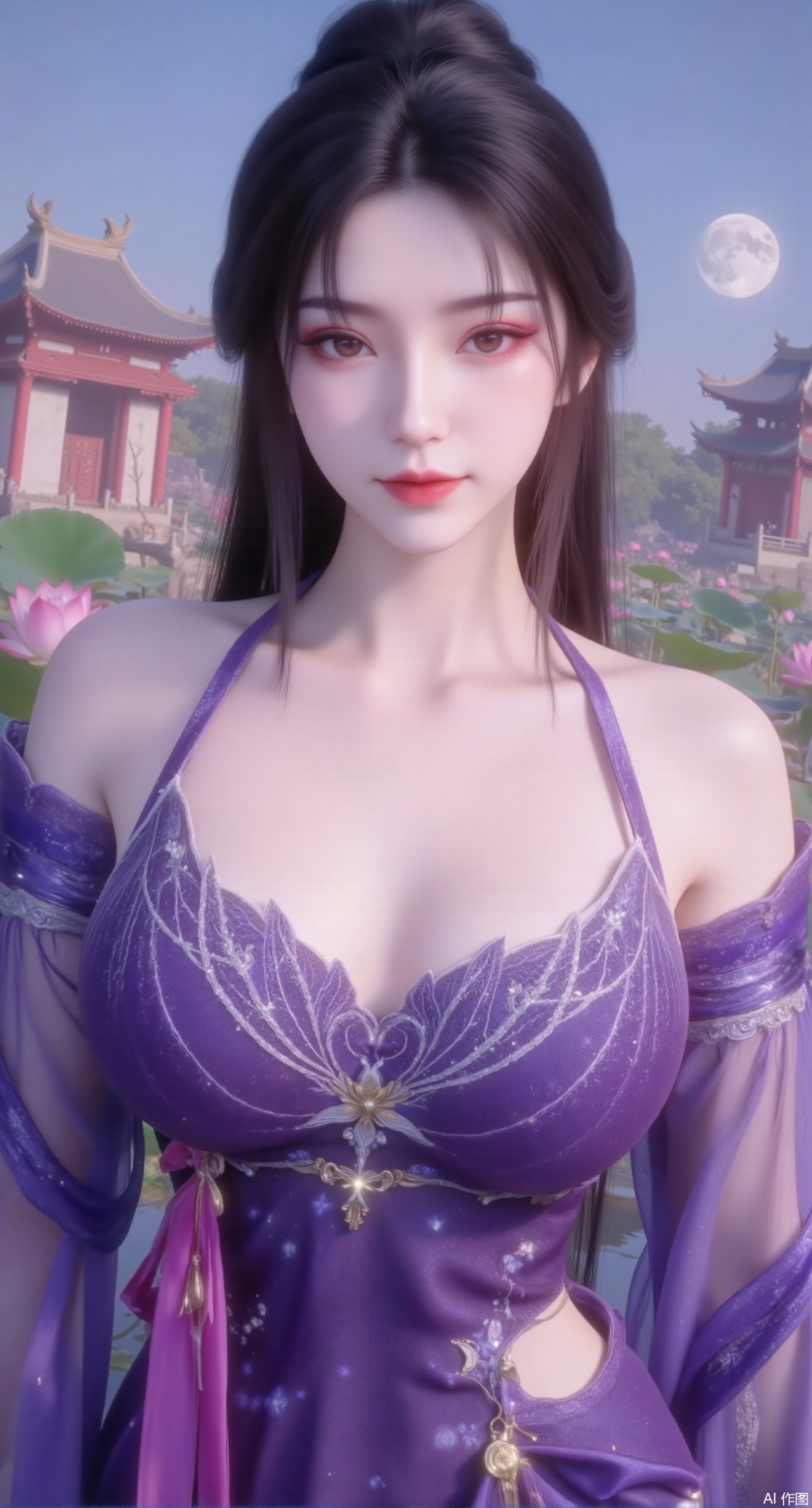 (masterpiece, best quality:1.2),1girl, navel, solo, midriff, bare shoulders, hair ornament,(long hair),(High double ponytail:1.49), red lips, BREAK, (looking at viewer:1.39), chinese clothes,(long dress:1.36), (lace:1.28), BREAK,blurry, solo focus, long hair, lips, daytime, lipstick, outdoors, standing,upper body,(huge breasts:2.99), (full breasts:2.99),background, solo, makeup,Xyunxiao,(Lotus,Water Lily,Blue sky,full moon:1.39),(Lotus pond,ancient Chinese architecture:1.39),Xmupeiling,XsongyuYK,XqiyueFHK,XheguangzhefandiYK,XxiaobaiNZYK,XlimuwanJCBYK,XmeijiK,XzhouruK,XHhanfududou,XzhouruK2,XmeijiK2,XlinziyueK2