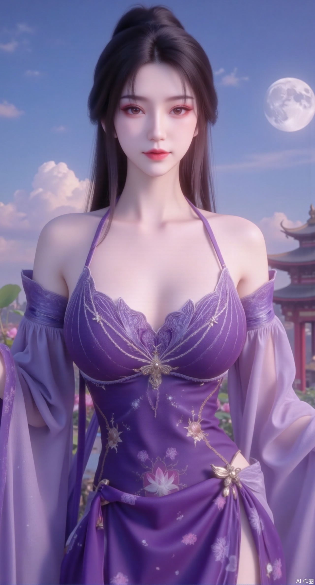 (masterpiece, best quality:1.2),1girl, navel, solo, midriff, bare shoulders, hair ornament,(long hair),(High double ponytail:1.49), red lips, BREAK, (looking at viewer:1.39), chinese clothes,(long dress:1.36), (lace:1.28), BREAK,blurry, solo focus, long hair, lips, daytime, lipstick, outdoors, standing,upper body,(huge breasts:2.99), (full breasts:2.99),background, solo, makeup,Xyunxiao,(Lotus,Water Lily,Blue sky,full moon:1.39),(Lotus pond,ancient Chinese architecture:1.39),Xmupeiling,XsongyuYK,XqiyueFHK,XheguangzhefandiYK,XxiaobaiNZYK,XlimuwanJCBYK,XmeijiK,XzhouruK,XHhanfududou,XzhouruK2,XmeijiK2,XlinziyueK2