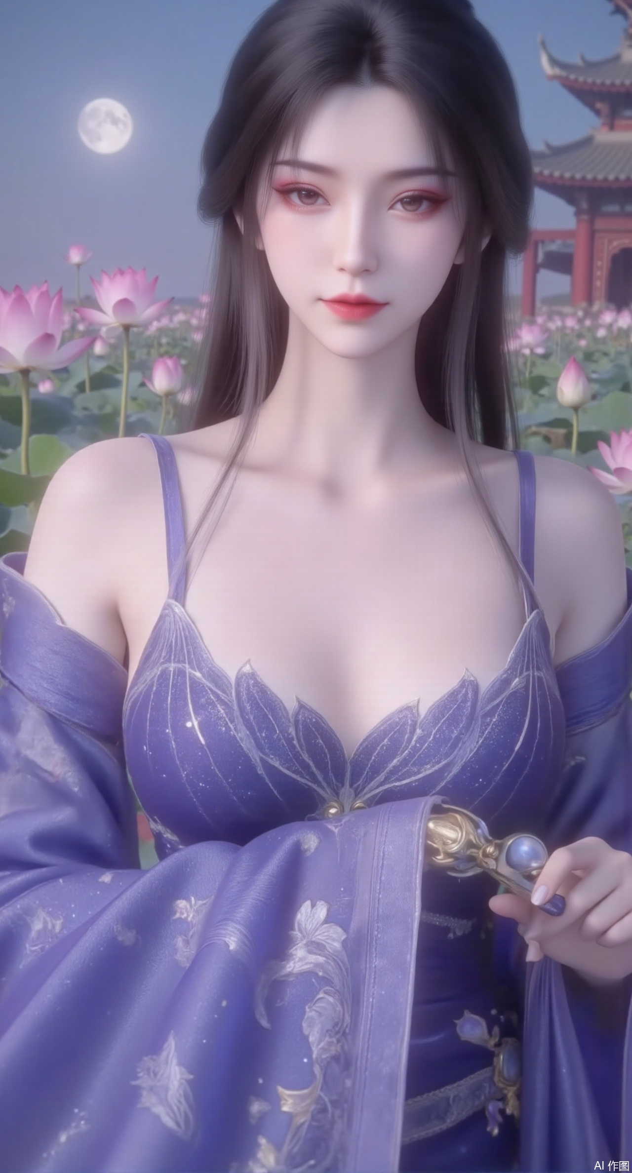(masterpiece, best quality:1.2),1girl, navel, solo, midriff, bare shoulders, hair ornament,(long hair),(High double ponytail:1.49), red lips, BREAK, (looking at viewer:1.39), chinese clothes,(long dress:1.36), (lace:1.28), BREAK,blurry, solo focus, long hair, lips, daytime, lipstick, outdoors, standing,upper body,(huge breasts:2.99), (full breasts:2.99),background, solo, makeup,Xyunxiao,(Lotus,Water Lily,Blue sky,full moon:1.39),(Lotus pond,ancient Chinese architecture:1.39),Xmupeiling,XsongyuYK,XqiyueFHK,XheguangzhefandiYK,XxiaobaiNZYK,XlimuwanJCBYK,XmeijiK,XzhouruK