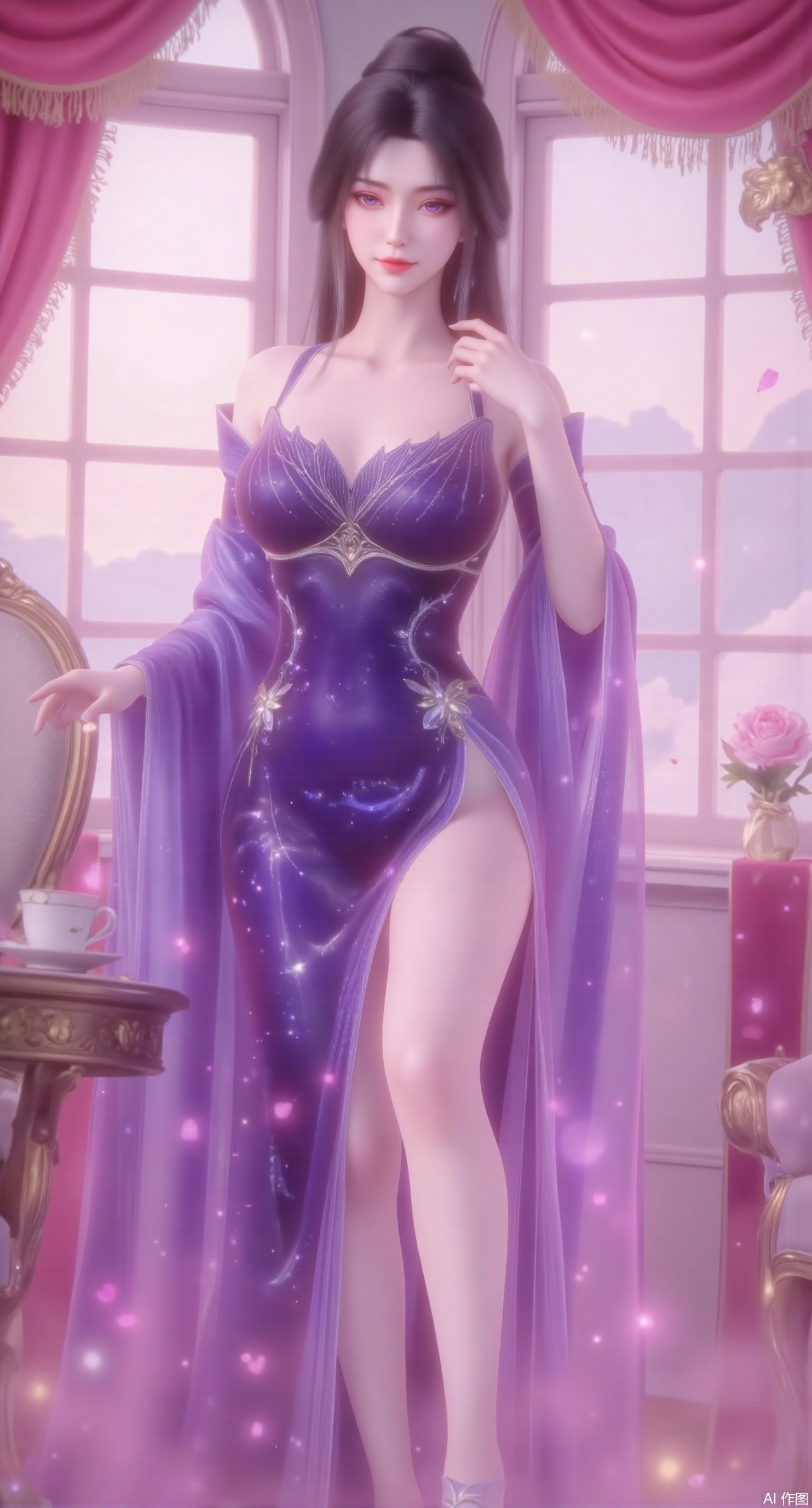 (masterpiece:1.2),Ultra clear, wallpaper, 8k, masterpiece, 1girl, solo, long hair, breasts, looking at viewer, bangs, large breasts,long dress,, bare shoulders, jewelry, black hair, standing, purple eyes, full body, flower, thighs, indoors, hair bun, long dress, high heels, cup, see-through, book, bare legs, window, table, white footwear, standing on one leg, curtains, pink flower, side slit, vase, ,(huge breasts:2.99),(full breasts:2.99),,Xmupeiling,XsongyuYK,XqiyueFHK,XheguangzhefandiYK,XxiaobaiNZYK,XlimuwanJCBYK