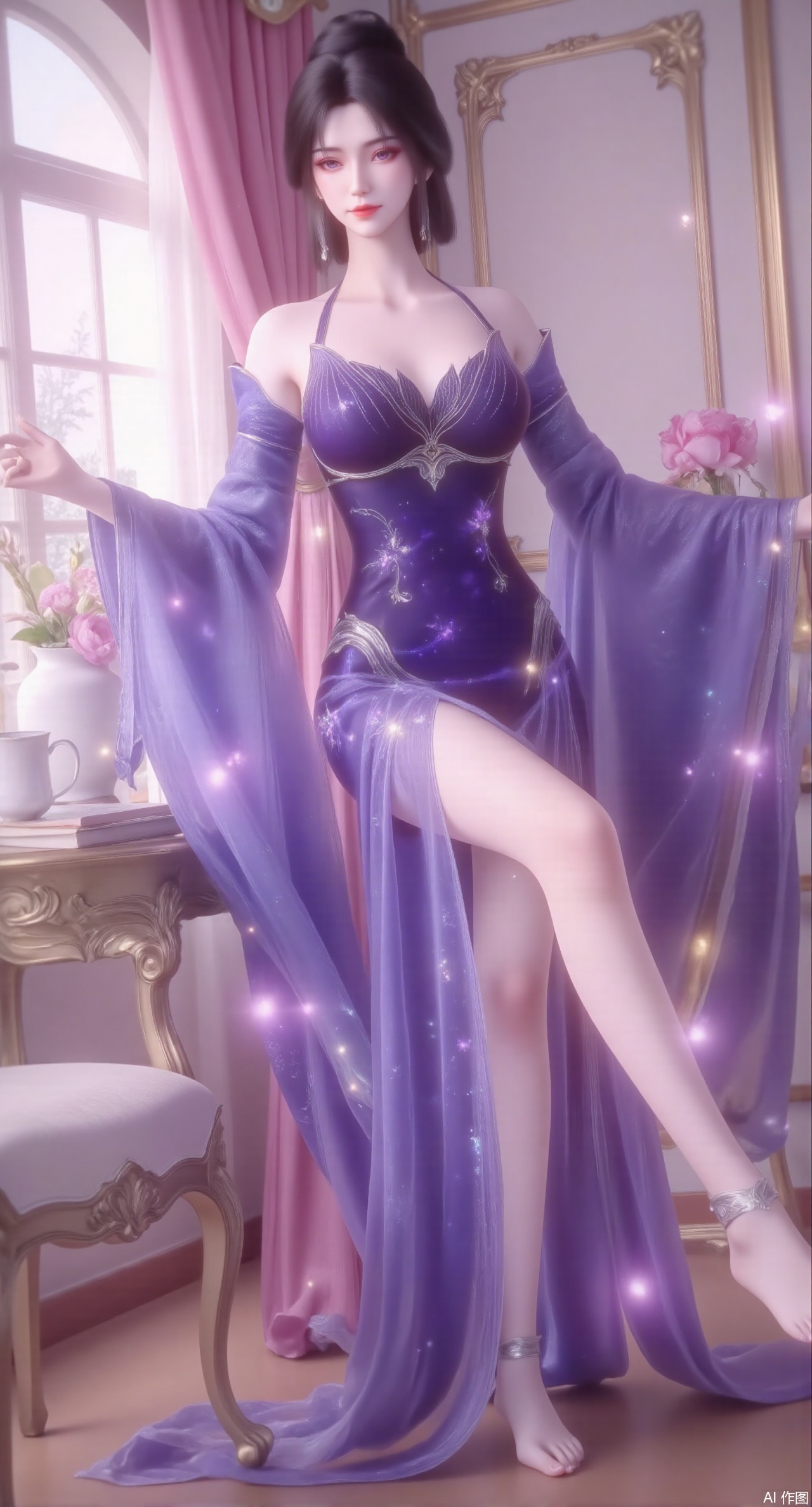 (masterpiece:1.2),Ultra clear, wallpaper, 8k, masterpiece, 1girl, solo, long hair, breasts, looking at viewer, bangs, large breasts,long dress,, bare shoulders, jewelry, black hair, standing, purple eyes, full body, flower, thighs, indoors, hair bun, long dress, high heels, cup, see-through, book, bare legs, window, table, white footwear, standing on one leg, curtains, pink flower, side slit, vase, ,(huge breasts:2.99),(full breasts:2.99),,Xmupeiling,XsongyuYK,XqiyueFHK,XheguangzhefandiYK,XxiaobaiNZYK,XlimuwanJCBYK