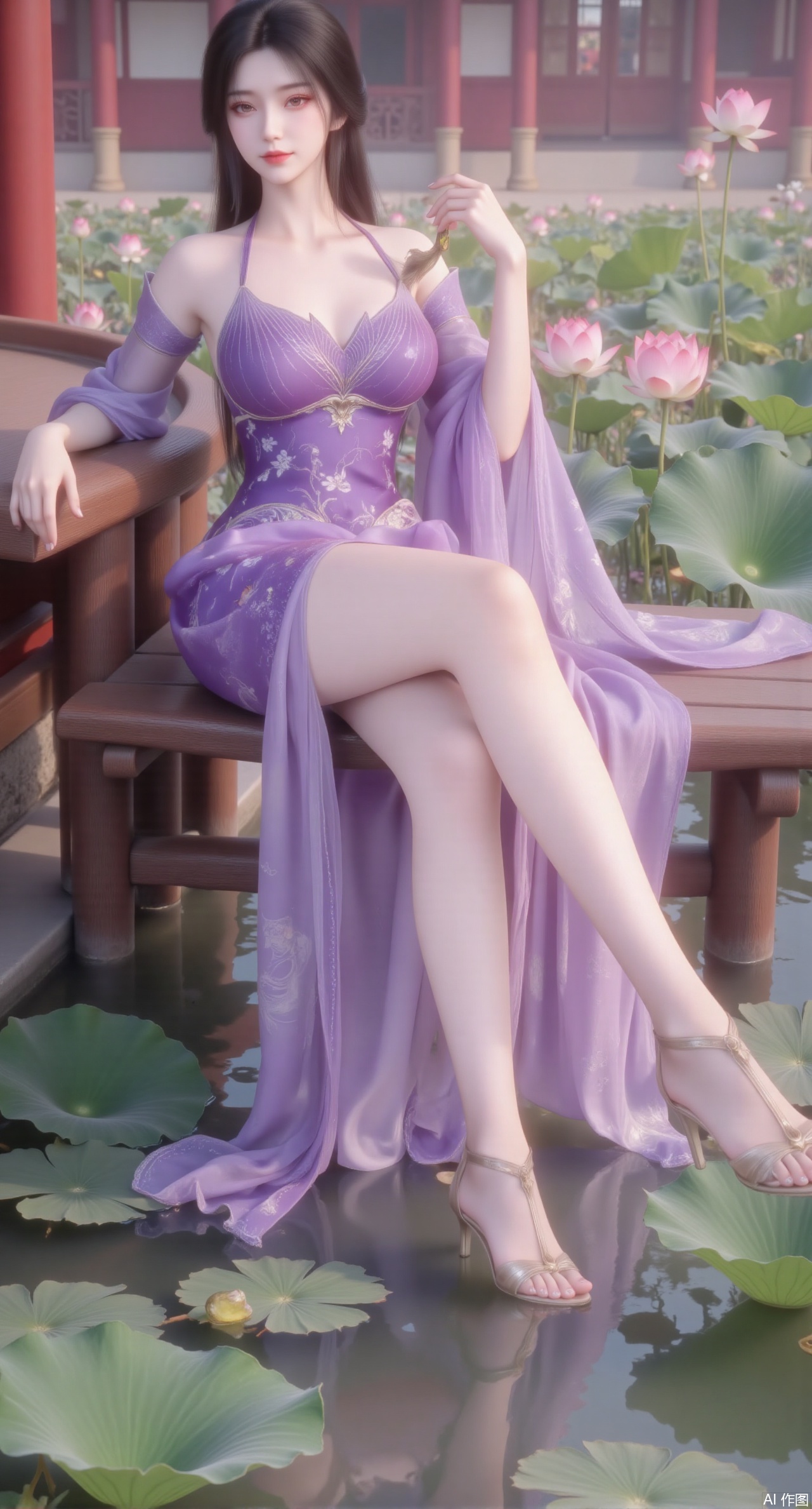 (masterpiece:1.2),best quality,The image is a digital illustration of a young woman sitting on a wooden bench in a pond with lily pads. She is wearing a long dress with design on the chest and sleeves. The dress has a high neckline and short sleeves,Holding a lotus in hand. She has long dark hair styled in loose waves and is wearing gold high heels. The woman is posing with one hand on her hip and the other resting on the edge of the bench. The background is filled with pink and white lotus flowers and green leaves. The overall mood of the image is peaceful and serene,(huge breasts:2.99),(full breasts:2.99),(Background with traditional Chinese architecture, lotus pond and pink lotus flowers:1.39),Xmupeiling,XsongyuYK,XqiyueFHK,XheguangzhefandiYK,XxiaobaiNZYK,XlimuwanJCBYK,没有标记,XmeijiK,XzhouruK