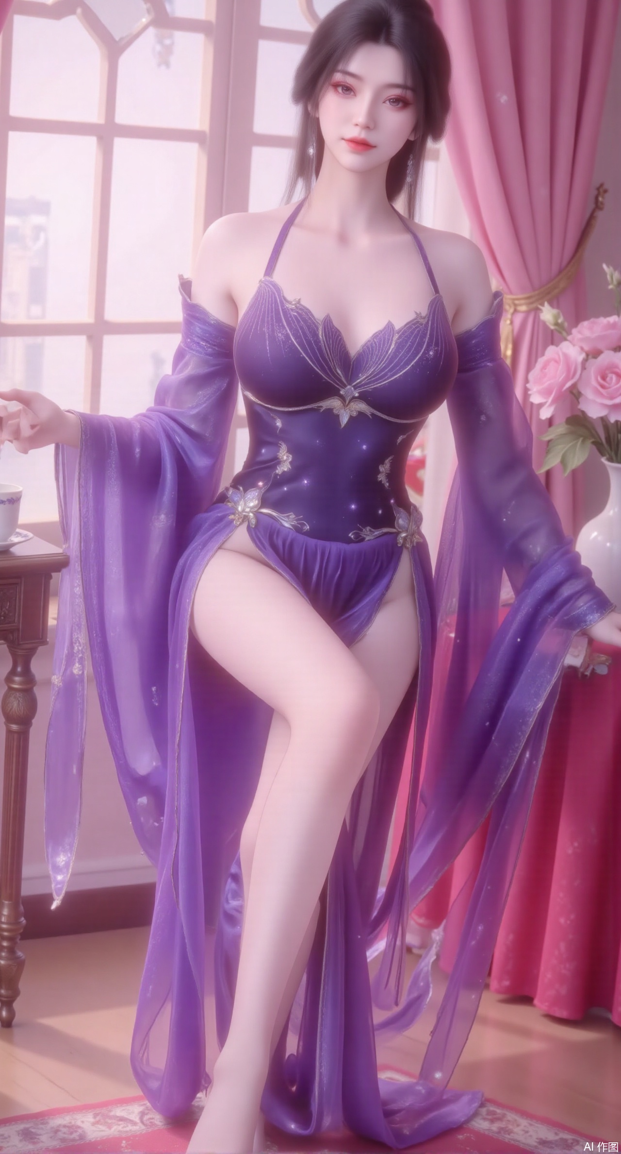  (masterpiece:1.2),Ultra clear, wallpaper, 8k, masterpiece, 1girl, solo, long hair, breasts, looking at viewer, bangs, large breasts,long dress,, bare shoulders, jewelry, black hair, standing, purple eyes, full body, flower, thighs, indoors, hair bun, long dress, high heels, cup, see-through, book, bare legs, window, table, white footwear, standing on one leg, curtains, pink flower, side slit, vase, ,(huge breasts:2.99),(full breasts:2.99),,Xmupeiling,XsongyuYK,XqiyueFHK,XheguangzhefandiYK,XxiaobaiNZYK,XlimuwanJCBYK,XmeijiK,XzhouruK