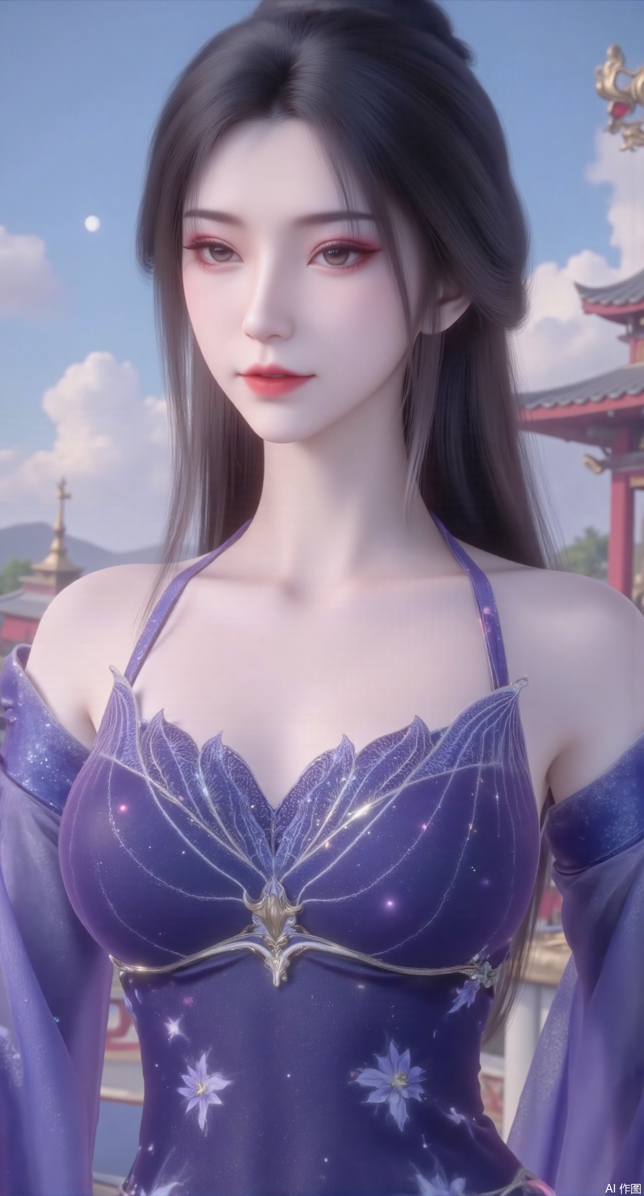 (masterpiece, best quality:1.2),1girl, navel, solo, midriff, bare shoulders, hair ornament,(long hair),(High double ponytail:1.49), red lips, BREAK, (looking at viewer:1.39), chinese clothes,(long dress:1.36), (lace:1.28), BREAK,blurry, solo focus, long hair, lips, daytime, lipstick, outdoors, standing,upper body,(huge breasts:2.99), (full breasts:2.99),background, solo, makeup,Xyunxiao,(Lotus,Water Lily,Blue sky,full moon:1.39),(Lotus pond,ancient Chinese architecture:1.39),Xmupeiling,XsongyuYK,XqiyueFHK,XheguangzhefandiYK,XxiaobaiNZYK,XlimuwanJCBYK,XmeijiK,XzhouruK