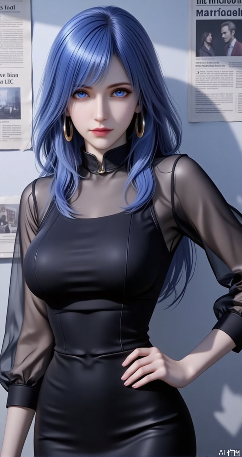 lvjing,baoshi,shuibinger,solo,1girl,blue eyes,blue hair,closed mouth,looking at viewer,medium hair,1girl,solo,jewelry,earrings,see-through,dress,upper body,black dress,hand on own hip,breasts,see-through sleeves,13,cover,simple background,gradient background,close-up details,outstanding style,adding a touch of dimension to your images without compromising details,close-up baozhi,paper,newspaper,the newspaper wall,newspaper background,