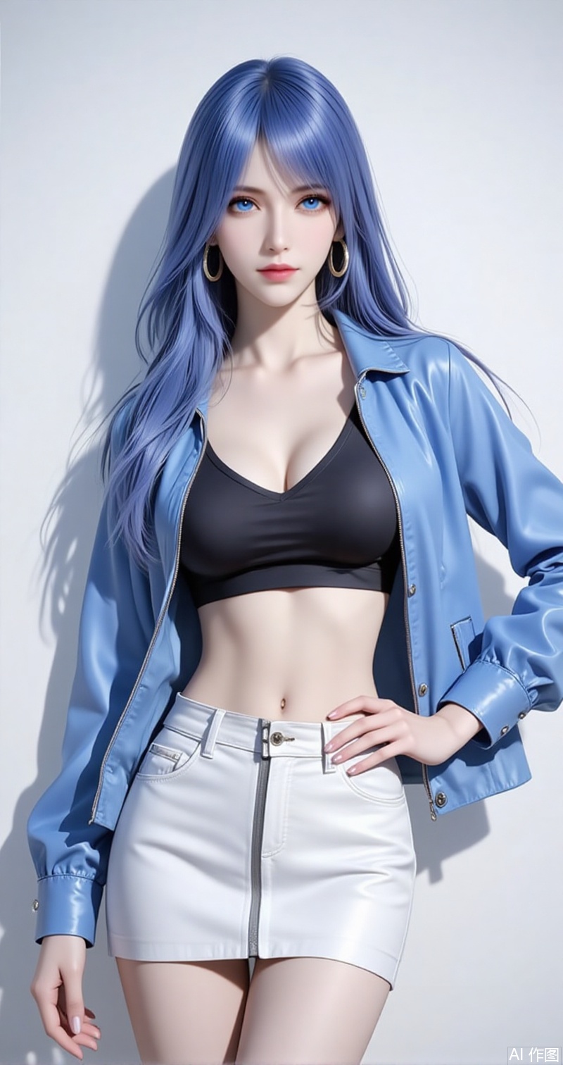 lvjing,baoshi,shuibinger,solo,1girl,blue eyes,blue hair,closed mouth,looking at viewer,medium hair,1girl,solo,skirt,earrings,zipper,jewelry,see-through,navel,hand on own hip,crop top,looking at viewer,midriff,shiny clothes,zipper pull tab,long sleeves,white background,simple background,nail polish,white skirt,jacket,cowboy shot,miniskirt,closed mouth,breasts,lips,hoop earrings,latex,contrapposto,standing,9,cover,simple background,gradient background,close-up details,outstanding style,adding a touch of dimension to your images without compromising details,close-up, baozhi,paper,newspaper,the newspaper wall,newspaper background,