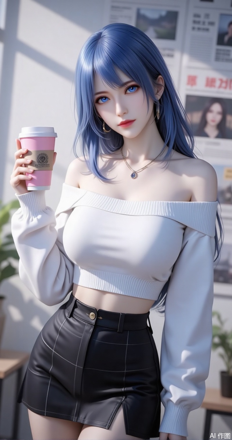 lvjing,baoshi,shuibinger,solo,1girl,blue eyes,blue hair,closed mouth,looking at viewer,medium hair,1girl,solo,skirt,off shoulder,off-shoulder sweater,jewelry,white sweater,necklace,cup,bare shoulders,holding,sweater,disposable cup,breasts,black skirt,plaid skirt,collarbone,plaid,blurry background,crop top,holding cup,blurry,midriff,long sleeves,large breasts,63, cover,simple background,gradient background,close-up details,outstanding style,adding a touch of dimension to your images without compromising details,close-up, baozhi,paper,newspaper,the newspaper wall,newspaper background,