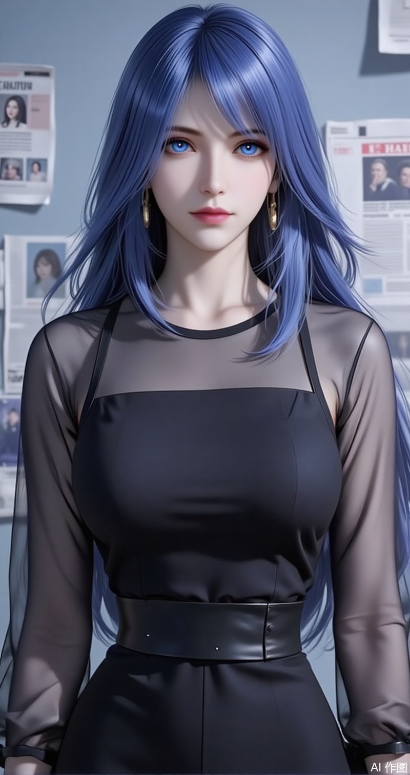 lvjing,baoshi,shuibinger,solo,1girl,blue eyes,blue hair,closed mouth,looking at viewer,medium hair,1girl,solo,jewelry,earrings,see-through,dress,upper body,black dress,hand on own hip,breasts,see-through sleeves,13,cover,simple background,gradient background,close-up details,outstanding style,adding a touch of dimension to your images without compromising details,close-up baozhi,paper,newspaper,the newspaper wall,newspaper background,