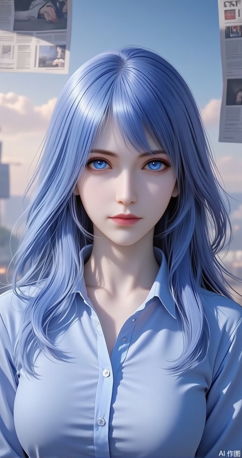 lvjing,baoshi,shuibinger,solo,1girl,blue eyes,blue hair,closed mouth,looking at viewer,medium hair,cover,gradient background,close-up details,outstanding style,adding a touch of dimension to your images without compromising details,close-up, 
baozhi,paper,newspaper,the newspaper wall,newspaper background,