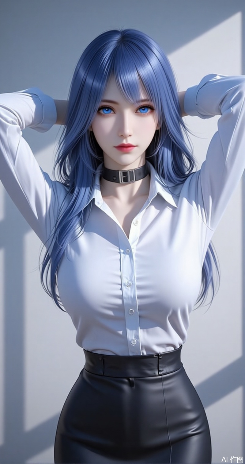 lvjing,baoshi,shuibinger,solo,1girl,blue eyes,blue hair,closed mouth,looking at viewer,medium hair,1girl,solo,shirt,pencil skirt,skirt,white shirt,black skirt,looking at viewer,collared shirt,collar,thighhighs,long sleeves,arms up,arms behind head,choker,breasts,high-waist skirt,red lips,office lady,lips,standing,cowboy shot,indoors,buttons,black thighhighs,dress shirt,realistic,black choker,cover,simple background,gradient background,close-up details,outstanding style,adding a touch of dimension to your images without compromising details,close-up,