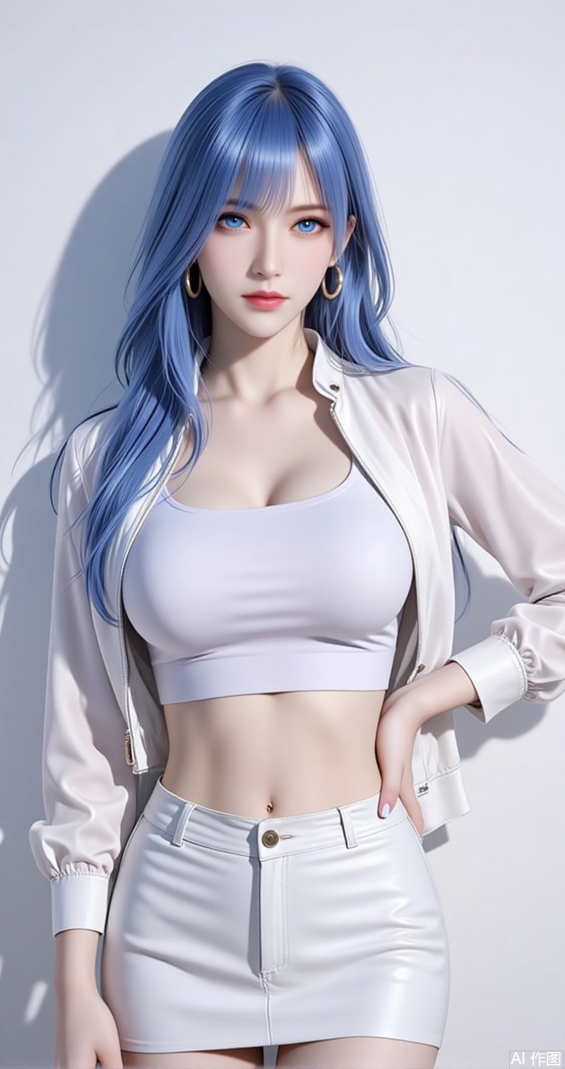 lvjing,baoshi,shuibinger,solo,1girl,blue eyes,blue hair,closed mouth,looking at viewer,medium hair,1girl,solo,skirt,earrings,zipper,jewelry,see-through,navel,hand on own hip,crop top,looking at viewer,midriff,shiny clothes,zipper pull tab,long sleeves,white background,simple background,nail polish,white skirt,jacket,cowboy shot,miniskirt,closed mouth,breasts,lips,hoop earrings,latex,contrapposto,standing,9,cover,simple background,gradient background,close-up details,outstanding style,adding a touch of dimension to your images without compromising details,close-up, baozhi,paper,newspaper,the newspaper wall,newspaper background,