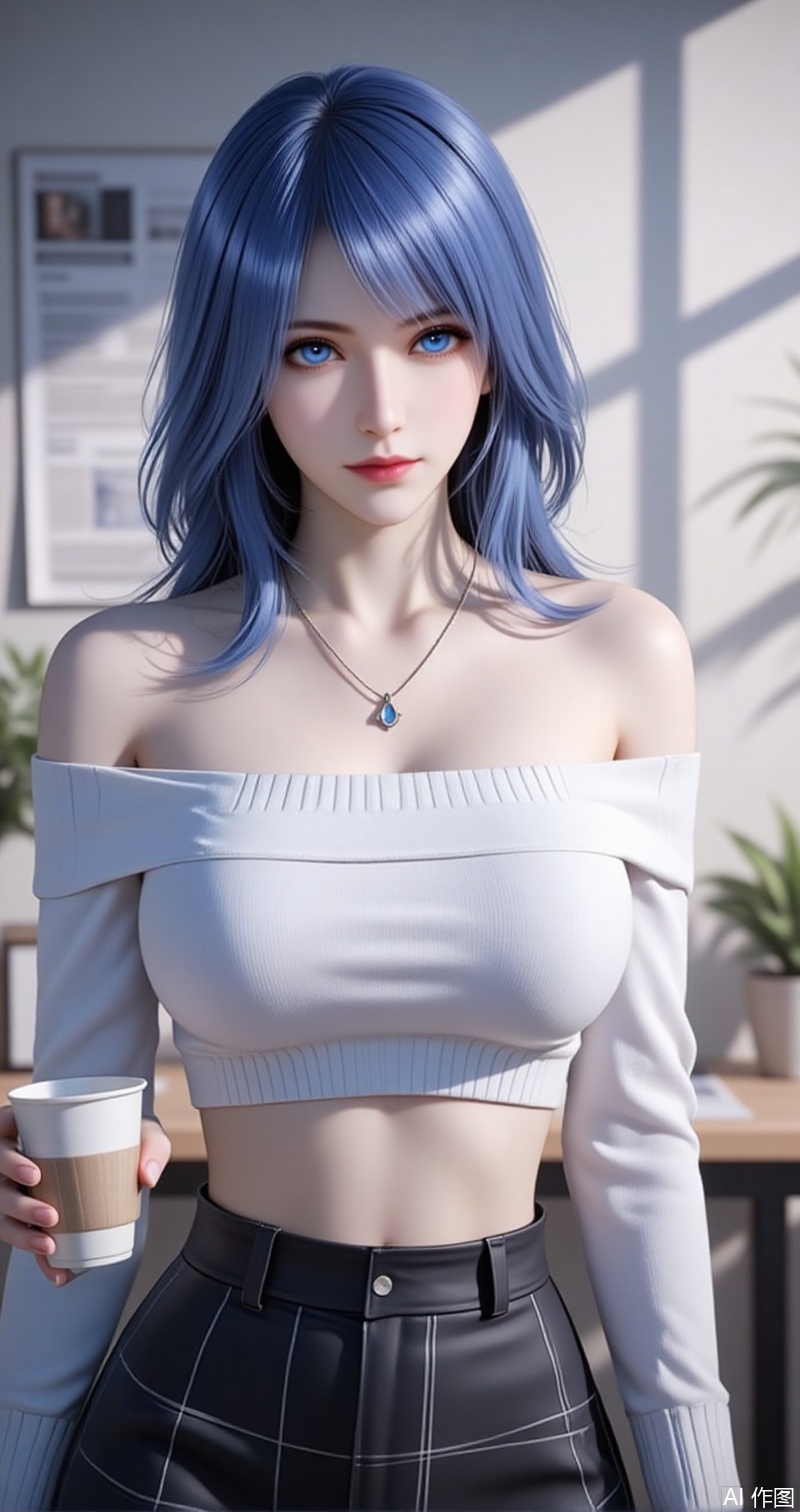 lvjing,baoshi,shuibinger,solo,1girl,blue eyes,blue hair,closed mouth,looking at viewer,medium hair,1girl,solo,skirt,off shoulder,off-shoulder sweater,jewelry,white sweater,necklace,cup,bare shoulders,holding,sweater,disposable cup,breasts,black skirt,plaid skirt,collarbone,plaid,blurry background,crop top,holding cup,blurry,midriff,long sleeves,large breasts,63, cover,simple background,gradient background,close-up details,outstanding style,adding a touch of dimension to your images without compromising details,close-up, baozhi,paper,newspaper,the newspaper wall,newspaper background,