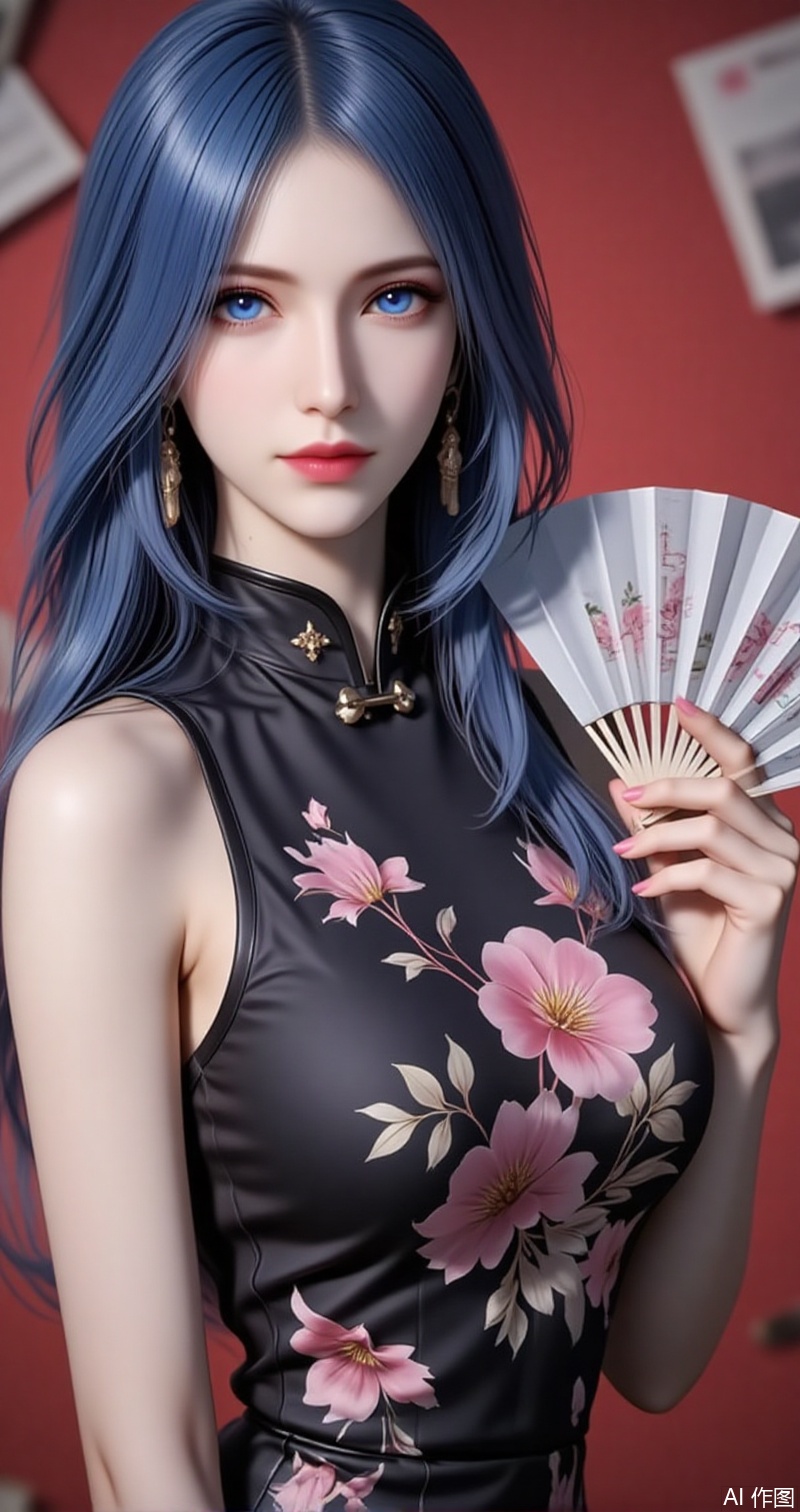 lvjing,baoshi,shuibinger,solo,1girl,blue eyes,blue hair,closed mouth,looking at viewer,medium hair,1girl,dress,hand fan,holding,solo,earrings,jewelry,chinese clothes,china dress,black dress,holding fan,floral print,blurry,sleeveless,looking at viewer,sleeveless dress,red background,folding fan,standing,head tilt,2,cover,simple background,gradient background,close-up details,outstanding style,adding a touch of dimension to your images without compromising details,close_up, baozhi,paper,newspaper,the newspaper wall,newspaper background,