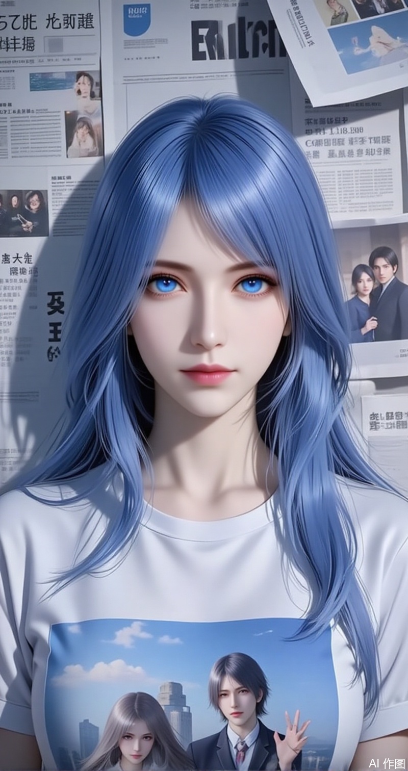 lvjing,baoshi,shuibinger,solo,1girl,blue eyes,blue hair,closed mouth,looking at viewer,medium hair,cover,gradient background,close-up details,outstanding style,adding a touch of dimension to your images without compromising details,close-up, 
baozhi,paper,newspaper,the newspaper wall,newspaper background,