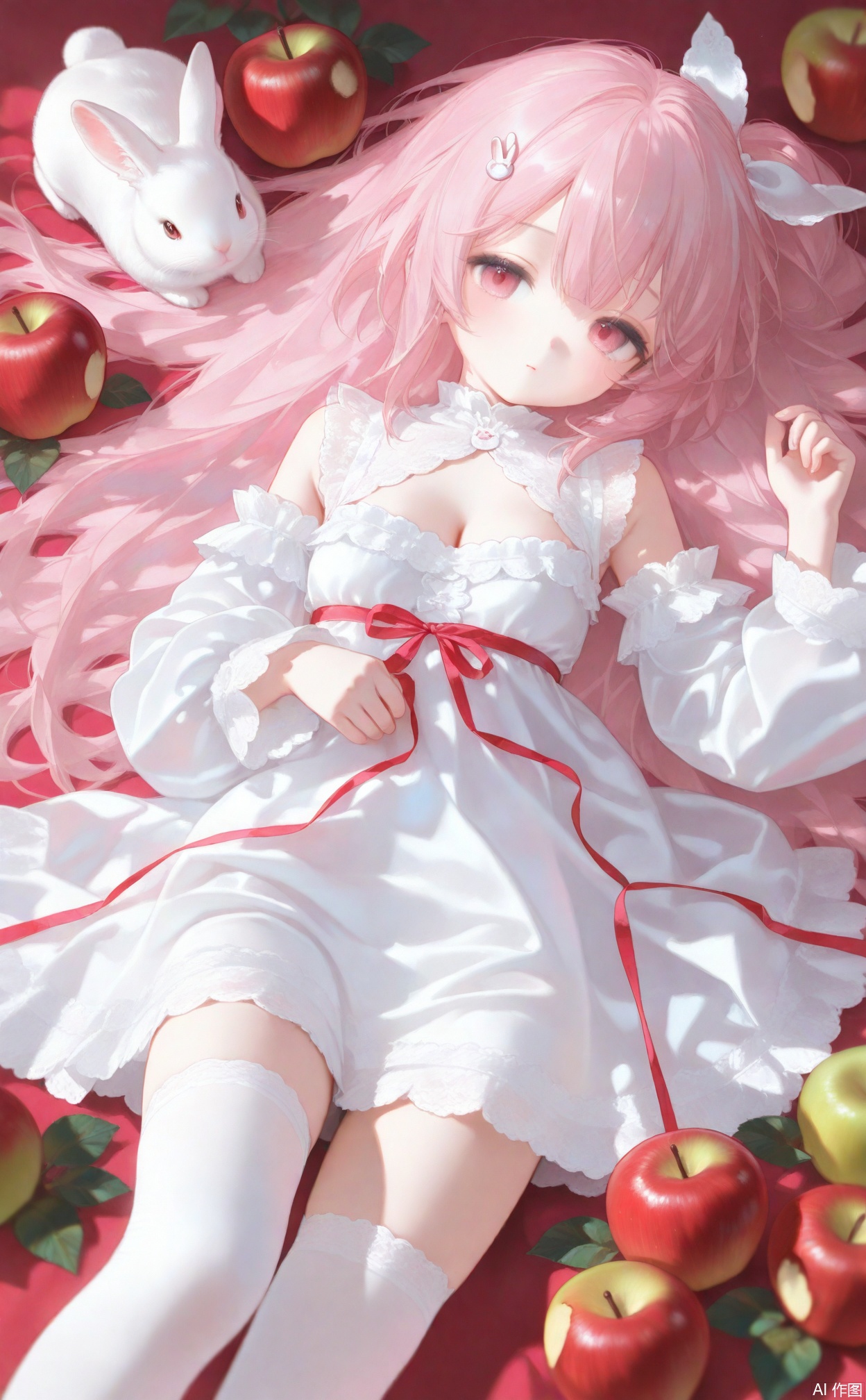 nyalia,1girl, solo, long hair, breasts, looking at viewer, hair ornament, thighhighs, dress, ribbon, cleavage, very long hair, pink hair, flower, lying, frills, detached sleeves, food, on back, white dress, red ribbon, fruit, animal, rabbit, apple