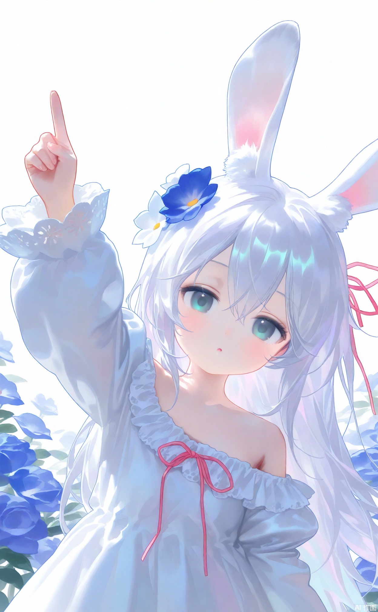 nyalia,loli,1girl, animal ears, solo, dress, rabbit ears, ribbon, long hair, flower, white dress, hair flower, white hair, looking at viewer, hair ornament, long sleeves, red ribbon, white background, hair between eyes, off shoulder, white flower, blue eyes, puffy sleeves, collarbone, frills, white theme, hair ribbon, arm up, frilled dress, rabbit girl, parted lips, simple background, index finger raised, pink ribbon, upper body, very long hair, off-shoulder dress, breasts, animal ear fluff, juliet sleeves, neck ribbon, blush, aqua eyes, bare shoulders, green eyes, pointing, expressionless, medium breasts, pointing up, :o, floral background, closed mouth, hand up, grey eyes, blue flower