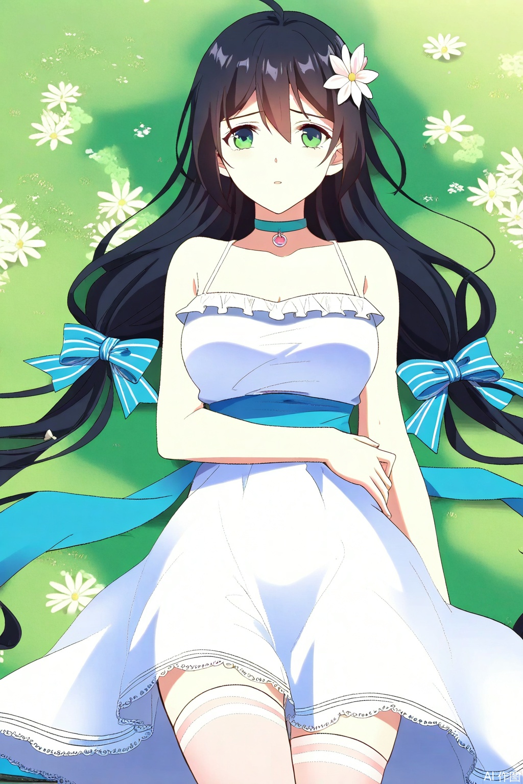 1girl, solo, long hair, black hair, hair ornament, dress, bow, green eyes, flower, ahoge, hair bow, choker, hair flower, white dress, masterpiece,best quality,official art,extremely detailed CG unity 8k wallpaper,in a meadow,in a meadow,,Thigh exposed,thighhighs,looking at viewer,