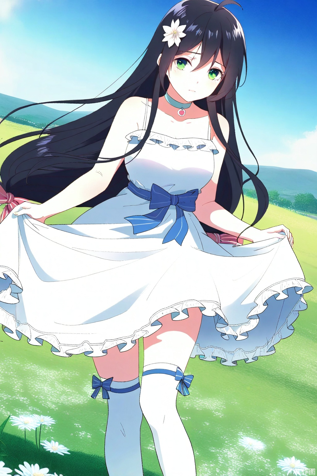 1girl, solo, long hair, black hair, hair ornament, dress, bow, green eyes, flower, ahoge, hair bow, choker, hair flower, white dress, masterpiece,best quality,official art,extremely detailed CG unity 8k wallpaper,in a meadow,in a meadow,,Thigh exposed,thighhighs,looking at viewer,