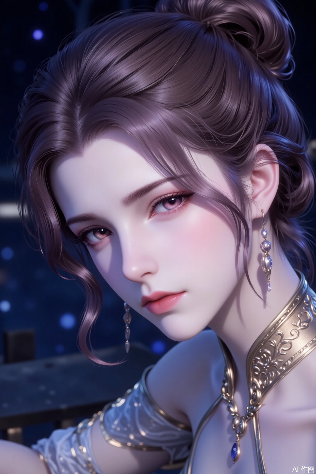 1 girl, solo, brown hair, bun, curly bangs, earrings, avatar, portrait, facial close-up, (frowning: 2), (eyes closed: 1.8), squinting, blushing, cheeks red, blushing, mouth open, side face, head up, side shot, seduction, charm, contempt, dynamic expression, dynamic pose, dark blue atmosphere background.
