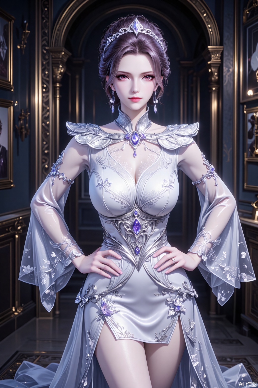 The image depicts a highly detailed and stylized digital artwork of a female character. She is standing confidently with her hands on her hips, wearing an elegant white dress adorned with intricate silver patterns and designs. The dress features a high collar and long sleeves, with delicate lace and floral embellishments. Her hair is styled in an updo, adorned with a silver tiara that matches the overall theme of the outfit. The background consists of dark, ornate walls with framed pictures, adding a sense of sophistication and depth to the scene. The lighting is soft and highlights the character's features, creating a striking contrast with the darker surroundings.