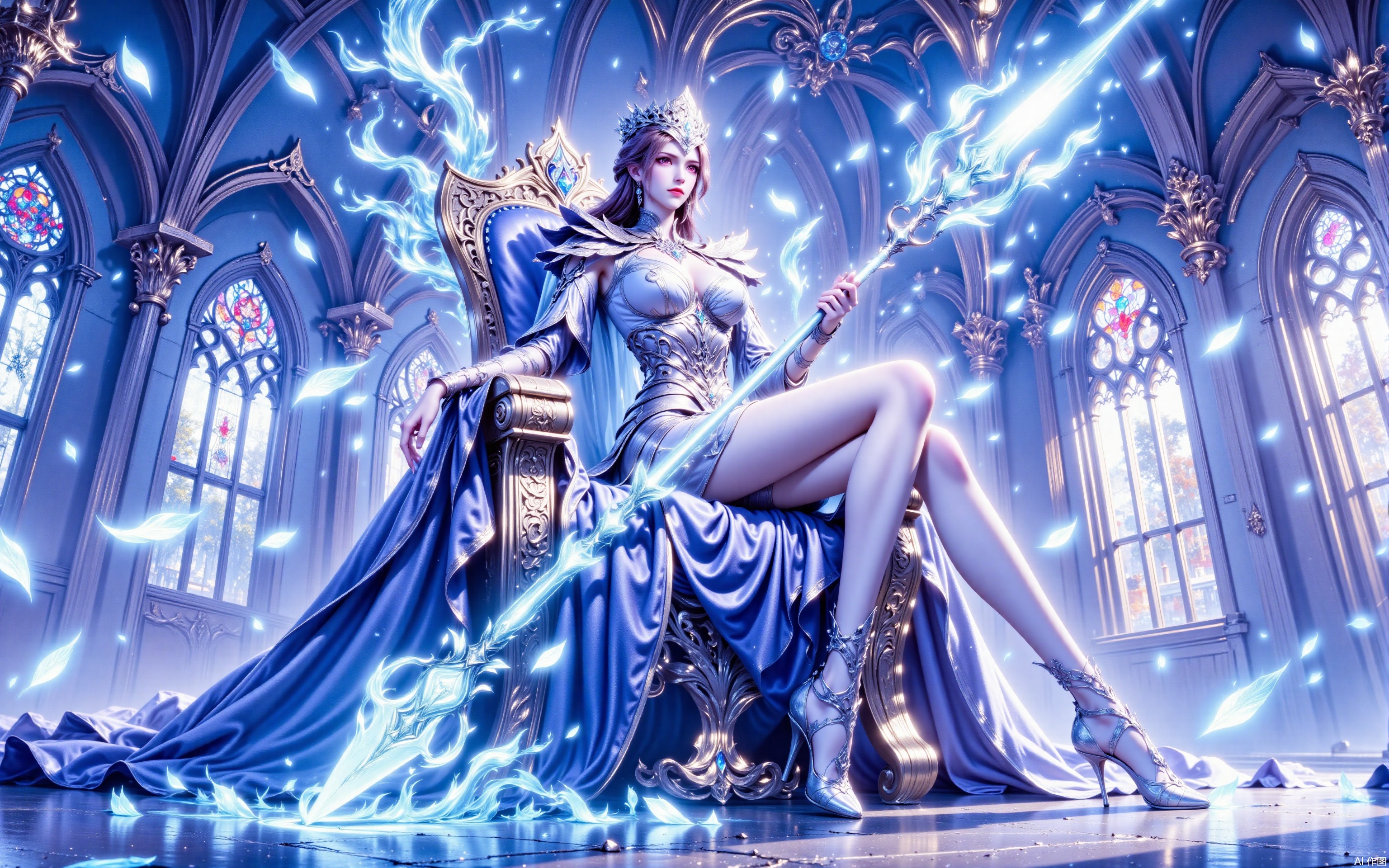 The image depicts a regal figure seated on an ornate throne in a grand, ethereal chamber. The figure is adorned in elaborate, silver-toned armor and a flowing cape, exuding an aura of authority and power. She holds a long, glowing staff, which is positioned diagonally across her body, adding to her commanding presence. The throne is intricately designed, with a high backrest and elaborate carvings, complementing the opulent setting. The background features tall, arched windows with intricate stained glass patterns, allowing soft, ethereal light to filter into the room, casting a magical glow. The overall atmosphere is one of fantasy and majesty, with a focus on the central figure and her commanding presence.