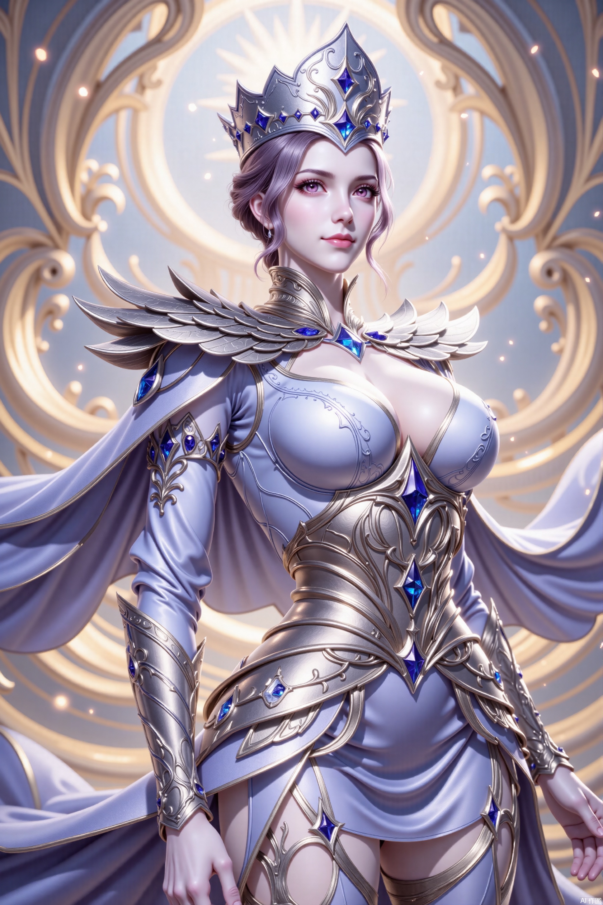 The image depicts a highly detailed and stylized character dressed in elaborate armor. The armor is predominantly silver with intricate designs and blue gemstones, including a prominent blue gem on the chest. The character is wearing a crown-like headpiece adorned with similar blue gemstones. The background features a swirling, ethereal pattern in shades of gold and white, creating a mystical and regal atmosphere. The character's expression is calm and composed, with a slight hint of a smile.