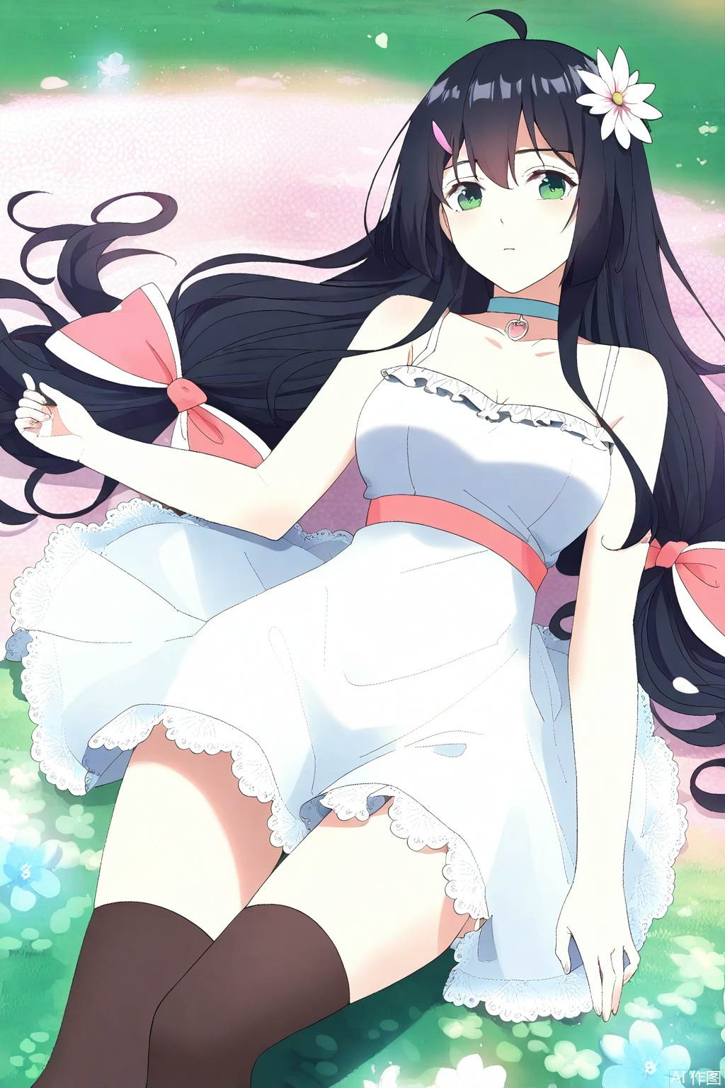 1girl, solo, long hair, black hair, hair ornament, dress, bow, green eyes, flower, ahoge, hair bow, choker, hair flower, white dress, masterpiece,best quality,official art,extremely detailed CG unity 8k wallpaper,in a meadow,in a meadow,,Thigh exposed,thighhighs,looking at viewer,