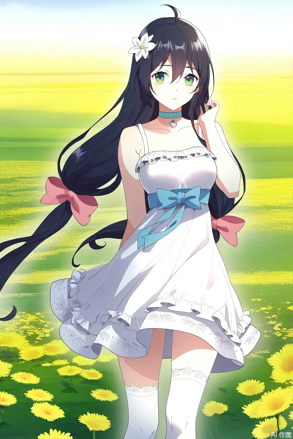 1girl, solo, long hair, black hair, hair ornament, dress, bow, green eyes, flower, ahoge, hair bow, choker, hair flower, white dress, masterpiece,best quality,official art,extremely detailed CG unity 8k wallpaper,in a meadow,in a meadow,,Thigh exposed,thighhighs,looking at viewer,