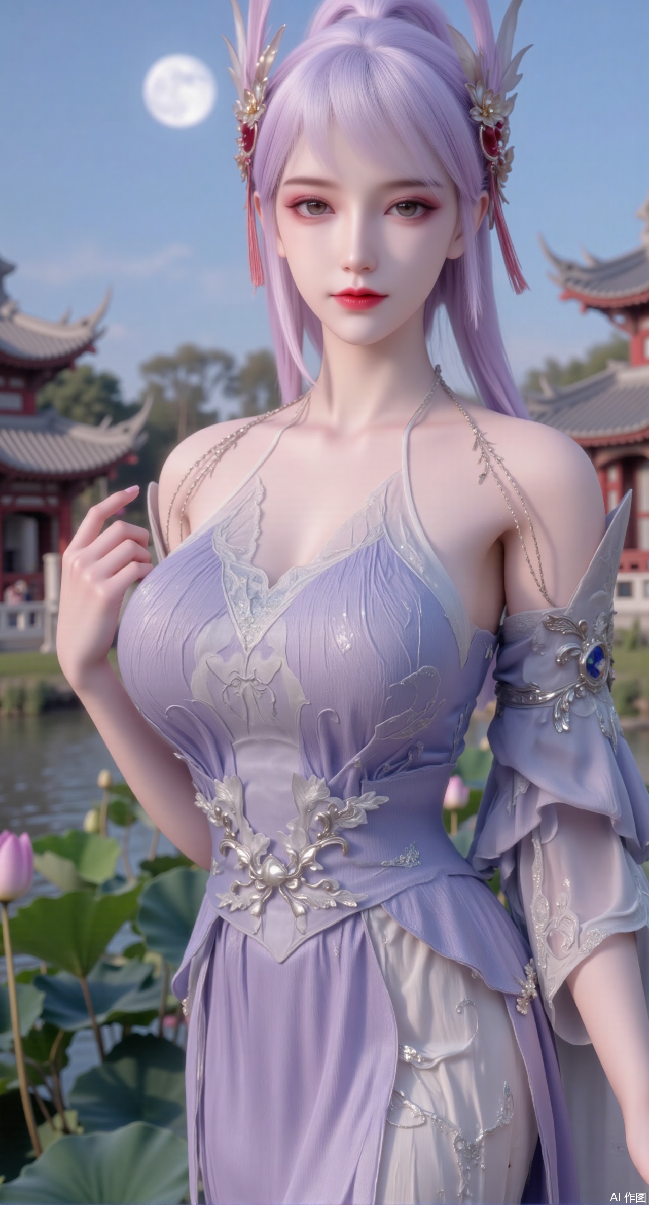 (masterpiece, best quality:1.2),1girl, navel, solo, midriff, bare shoulders, hair ornament,(long hair),(High double ponytail:1.49), red lips, BREAK, (looking at viewer:1.39), chinese clothes,(long dress:1.36), (lace:1.28), BREAK,blurry, solo focus, long hair, lips, daytime, lipstick, outdoors, standing,upper body,(huge breasts:2.99), (full breasts:2.99),background, solo, makeup,Xyunxiao,(Lotus,Water Lily,Blue sky,full moon:1.39),(Lotus pond,ancient Chinese architecture:1.39),Xmupeiling,XsongyuYK,XqiyueFHK,XheguangzhefandiYK,XxiaobaiNZYK,XlimuwanJCBYK,XmeijiK,XzhouruK,XHhanfududou,XzhouruK2,XmeijiK2,XlinziyueK2